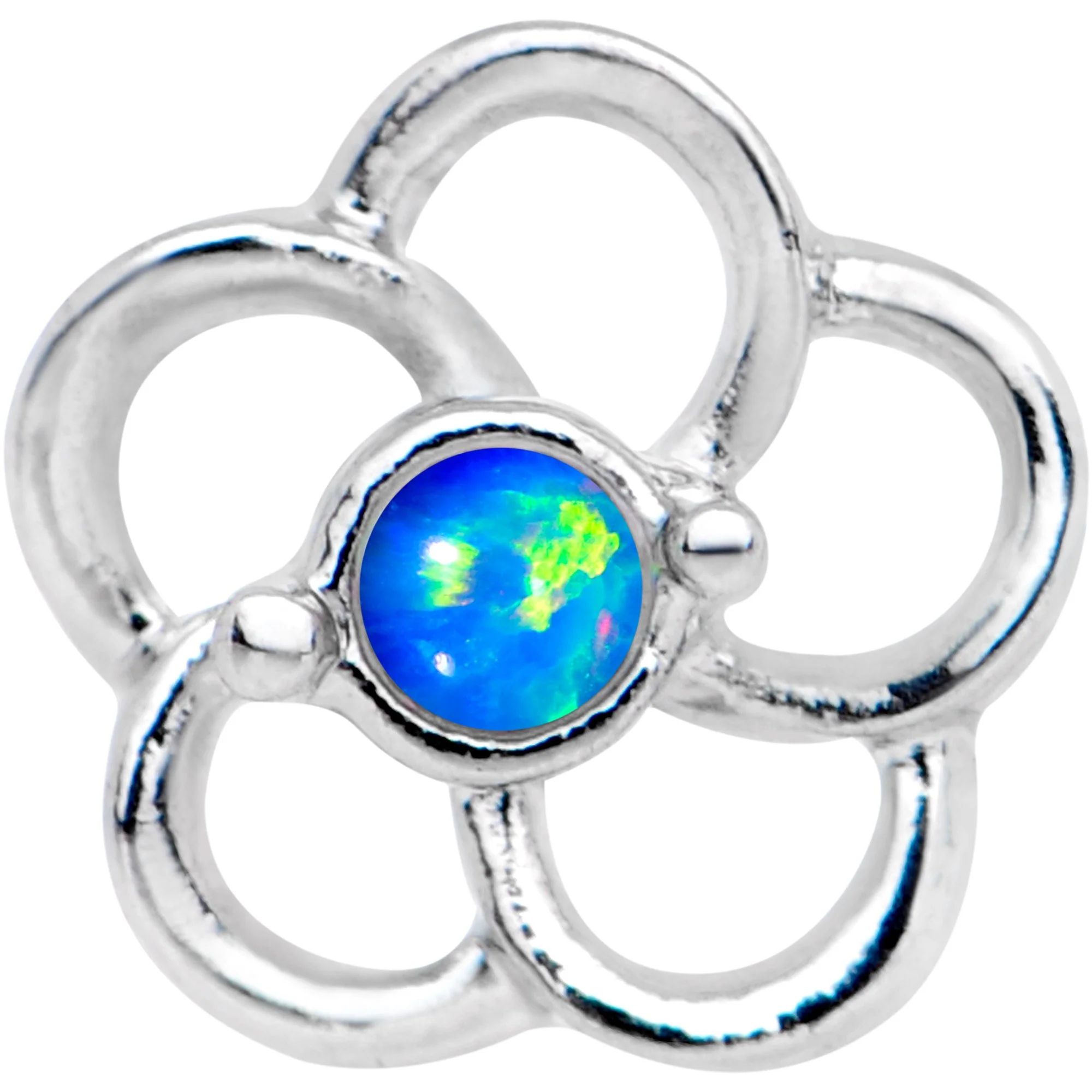 1/4 Blue Faux Opal Internally Threaded Hollow Flower Labret Monroe - Image 2