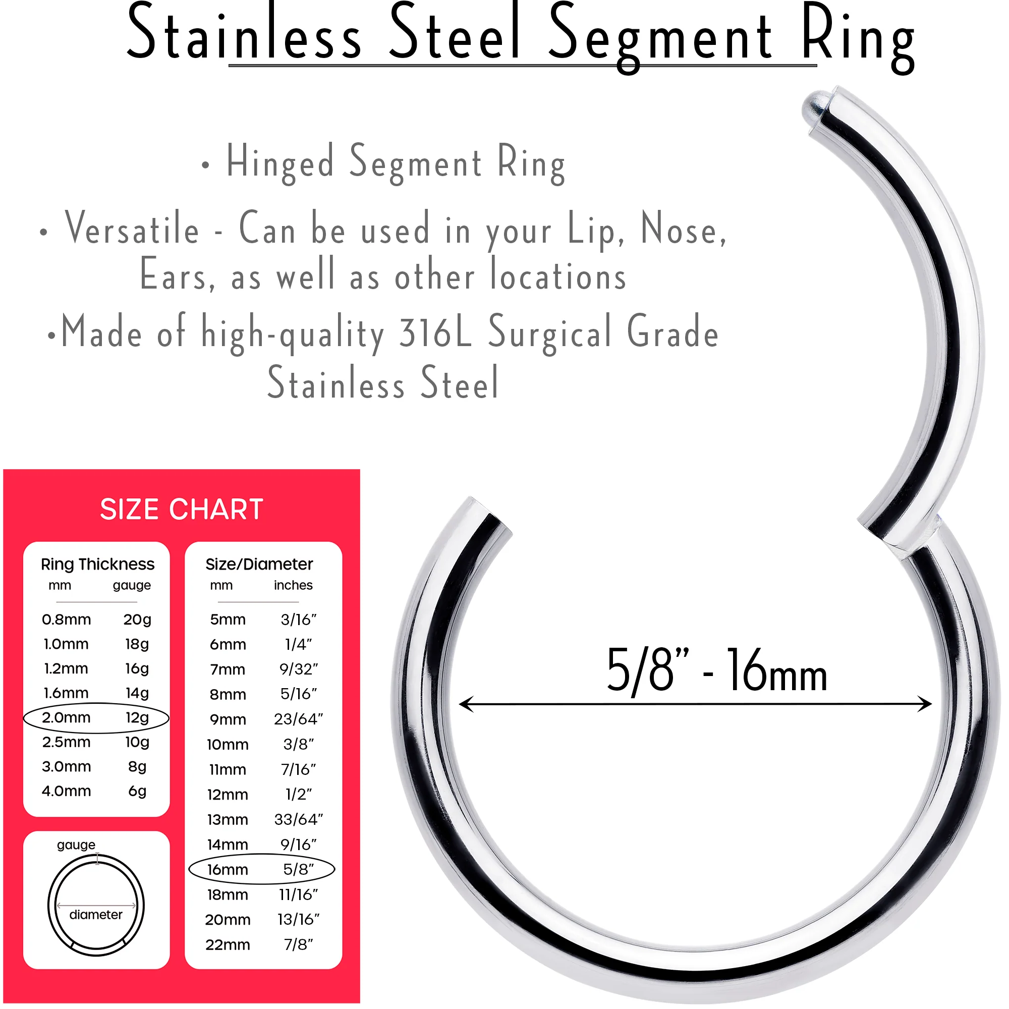 12G 5/8 316L Surgical Steel Precision Hinged Segment Hoop - Image 3