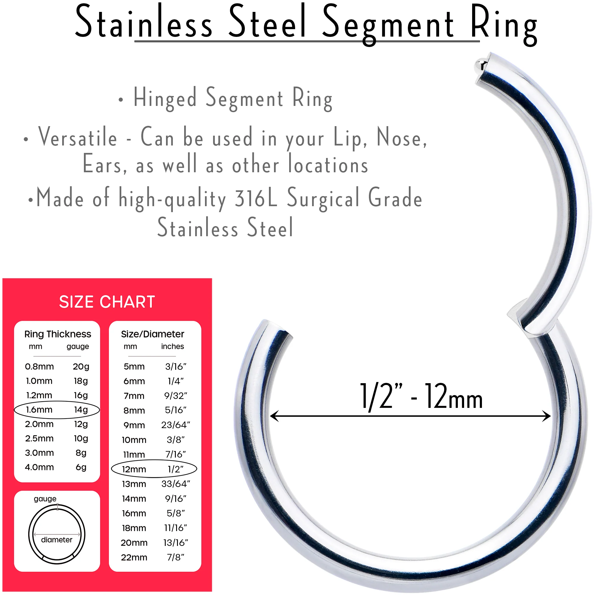 14G 1/2 316L Surgical Steel Precision Hinged Segment Hoop - Image 3