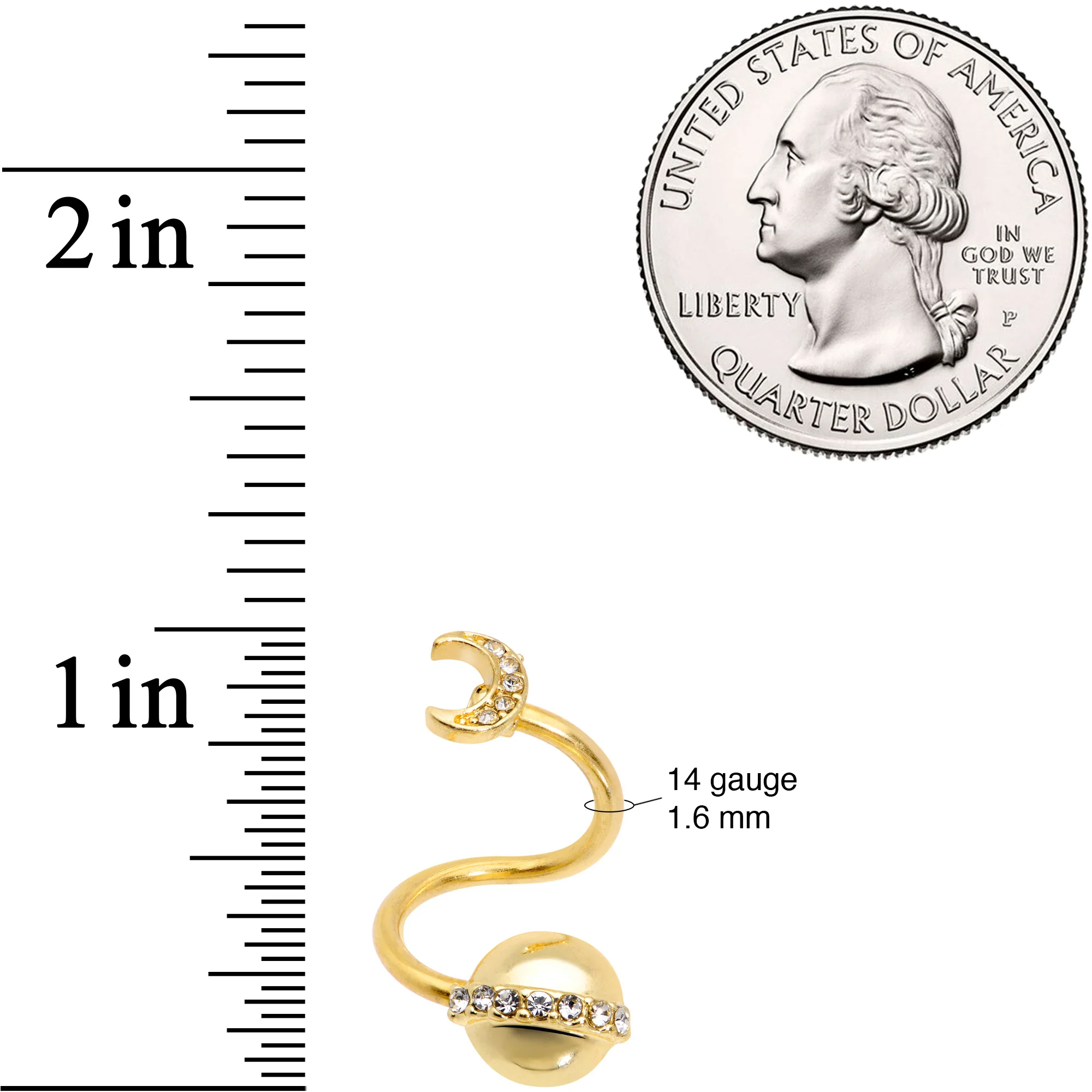 14G 1/2 Clear Gem Gold Tone Saturn Moon Spiral Twister Belly Ring - Image 3