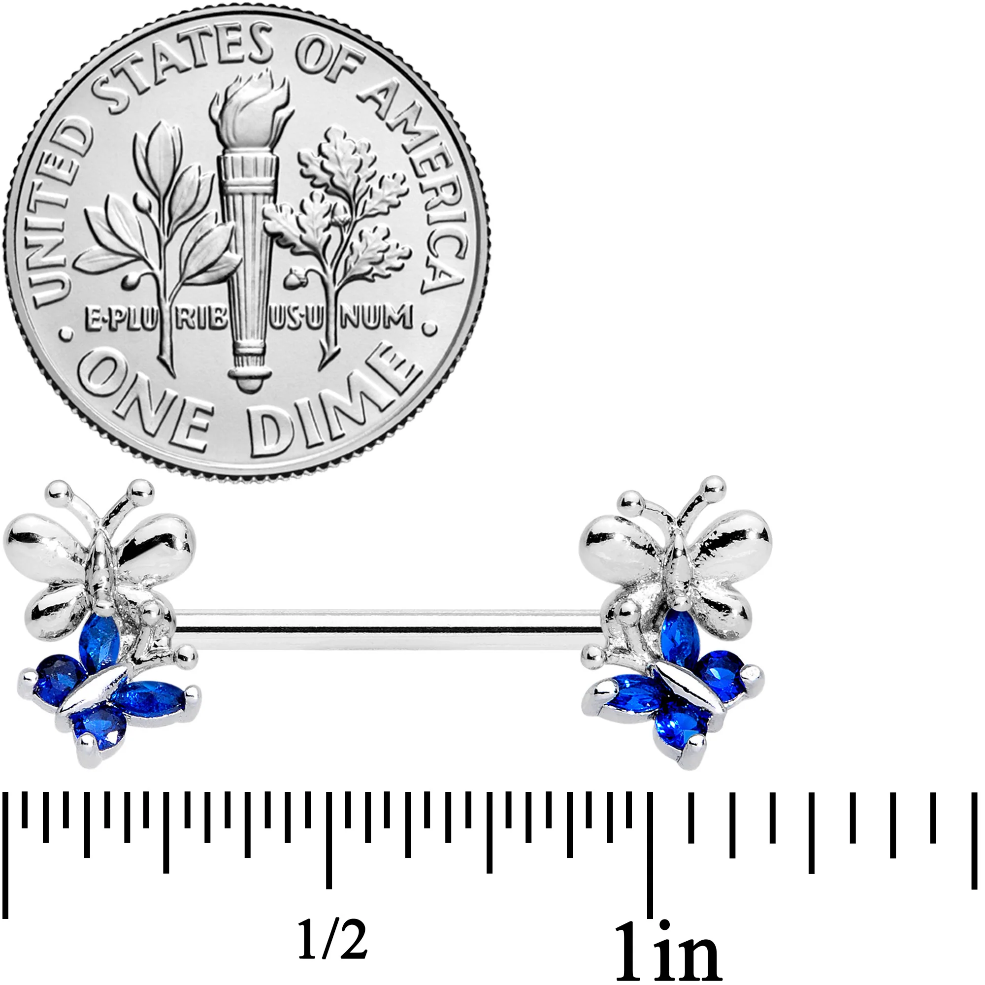 14G 1/2 Dark Blue CZ Gem Butterfly Barbell Nipple Ring Set - Image 2
