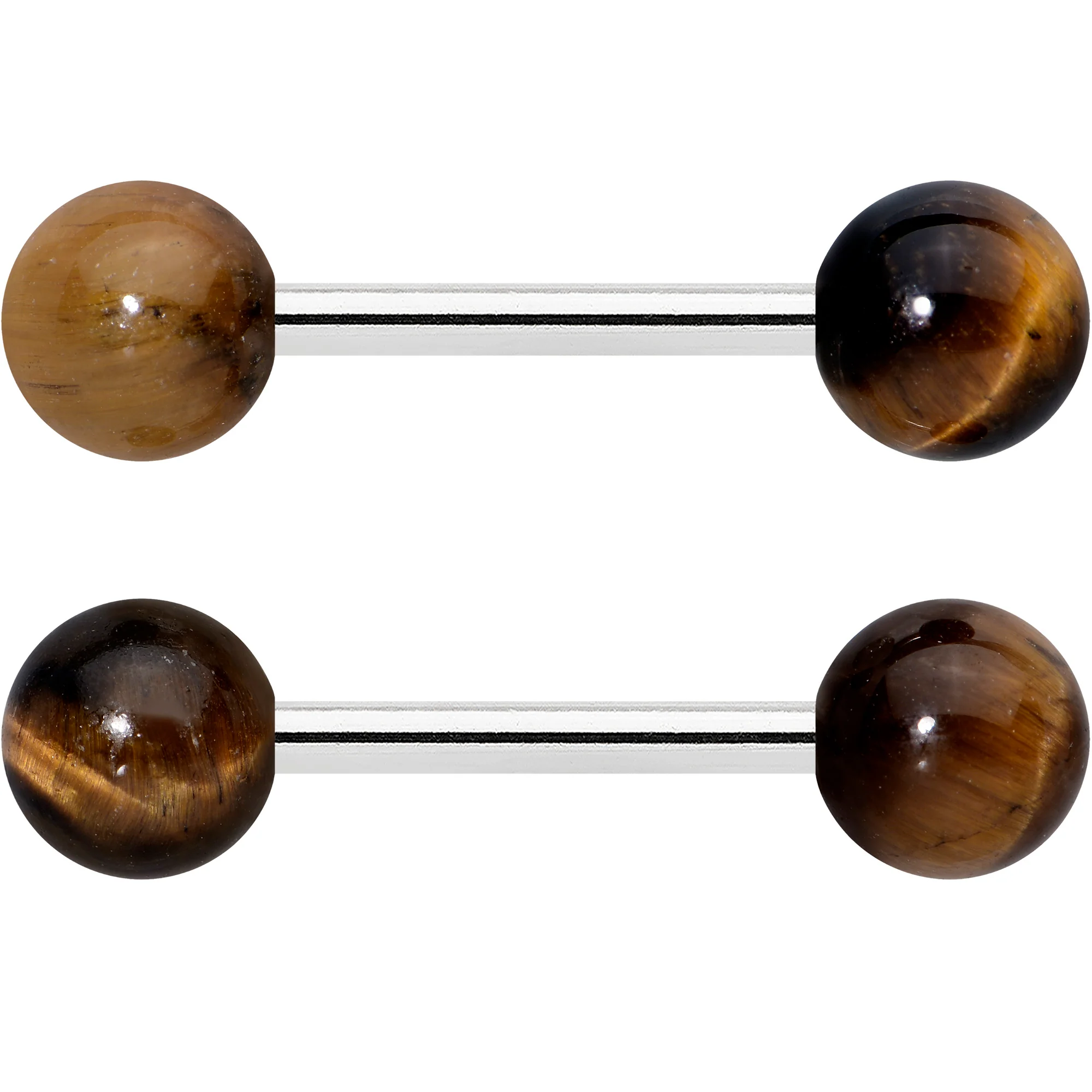 14G 1/2 Elegant Brown Tiger Eye Barbell Nipple Ring Set - Image 2