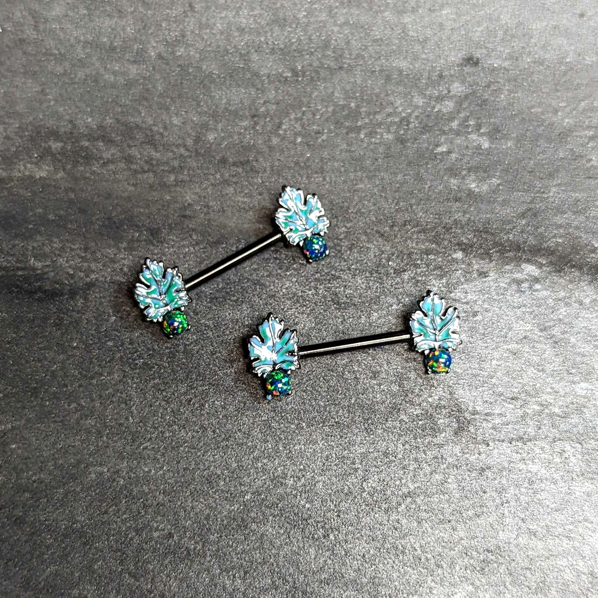 14G 1/2 Green Synthetic Opal Black Fall Leaf Nipple Ring Set - Image 6