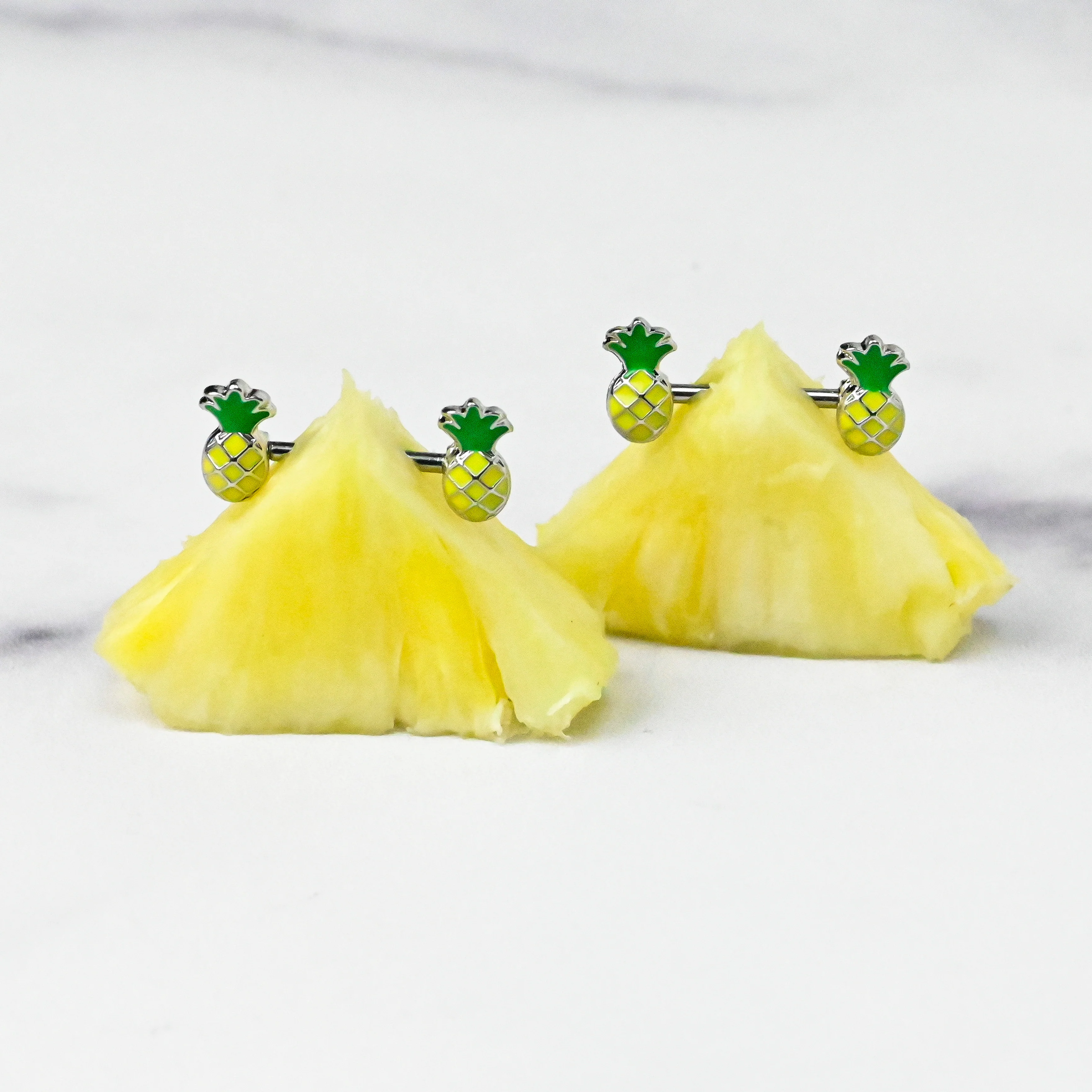 14G 1/2 Steel Yellow Green Pineapple Barbell Nipple Ring Set - Image 3