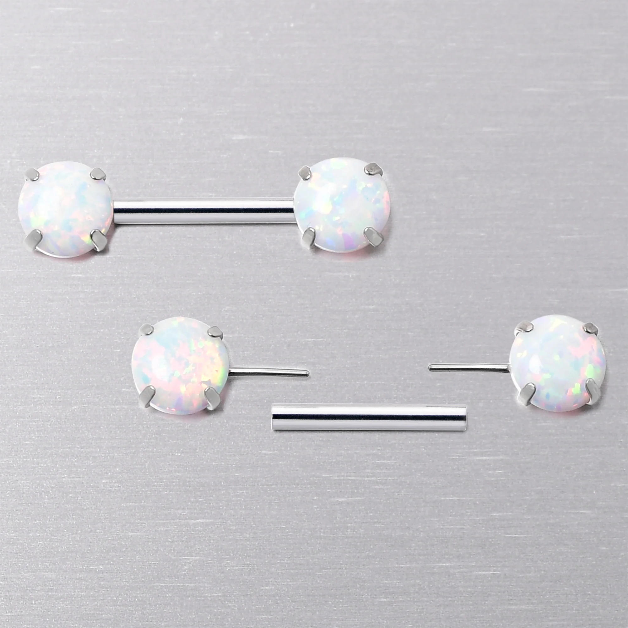 14G 1/2 White Synthetic Opal Threadless Barbell Nipple Ring Set - Image 5