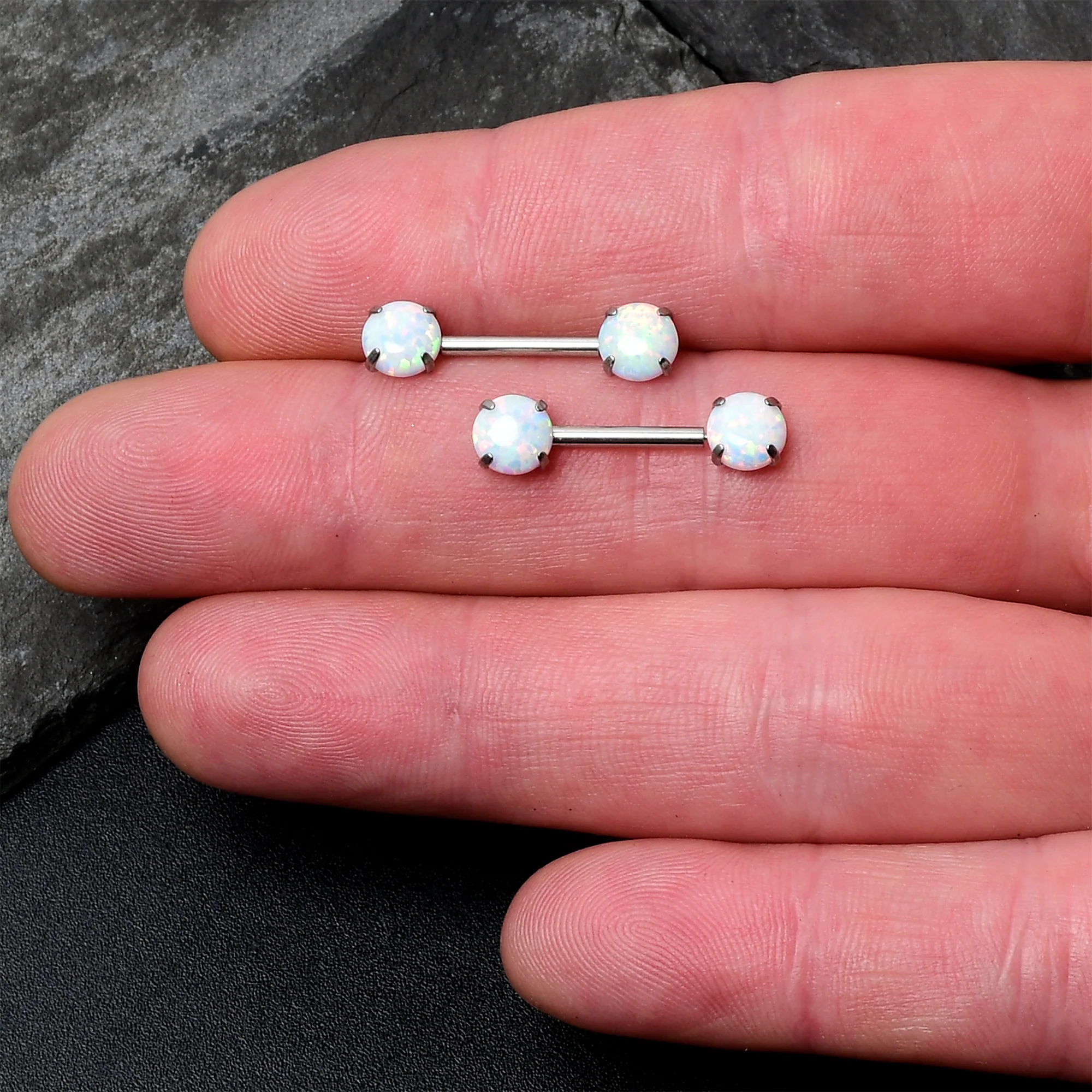 14G 1/2 White Synthetic Opal Threadless Barbell Nipple Ring Set - Image 6
