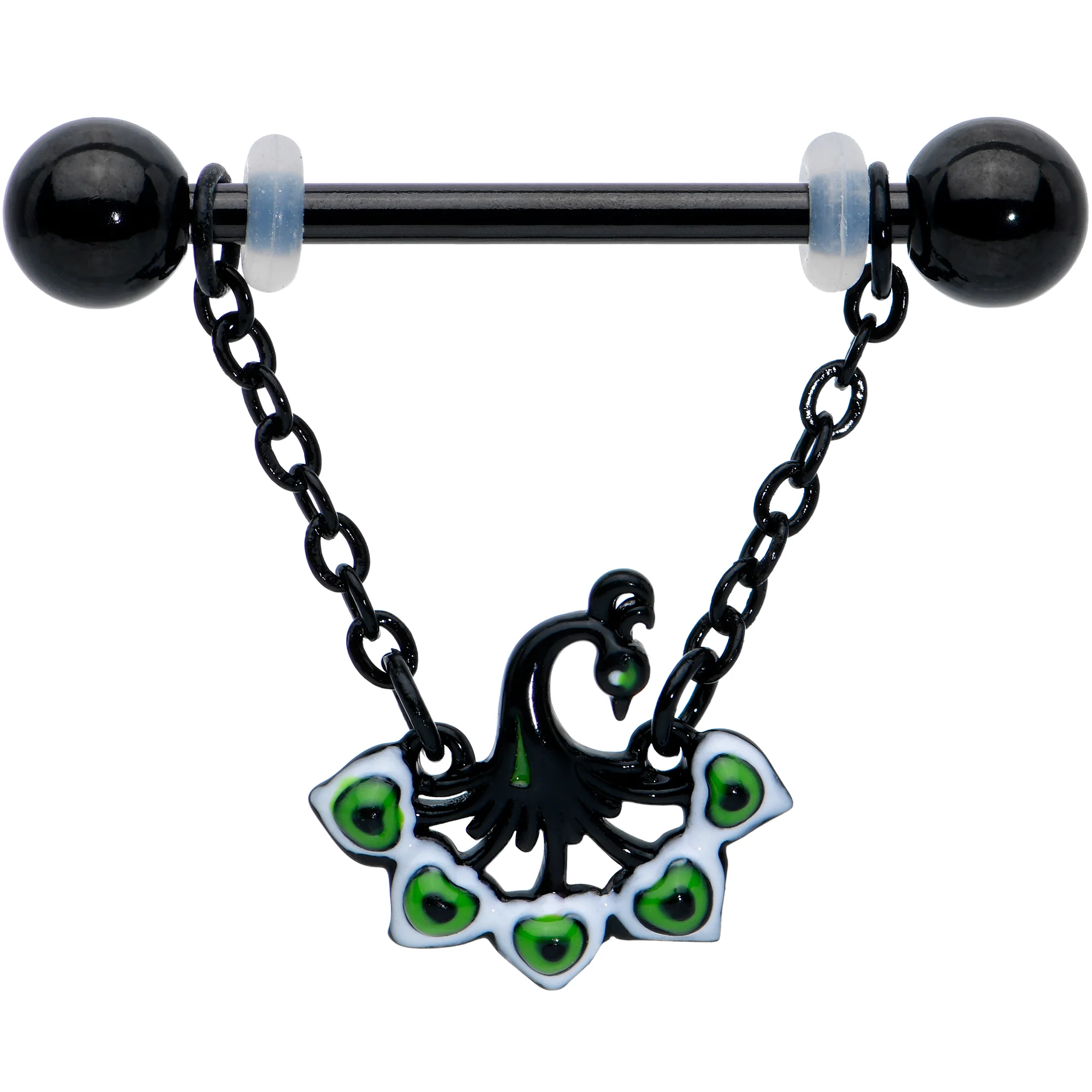 14G 11/16 Black Green Peacock Dangle Barbell Nipple Ring Set - Image 2