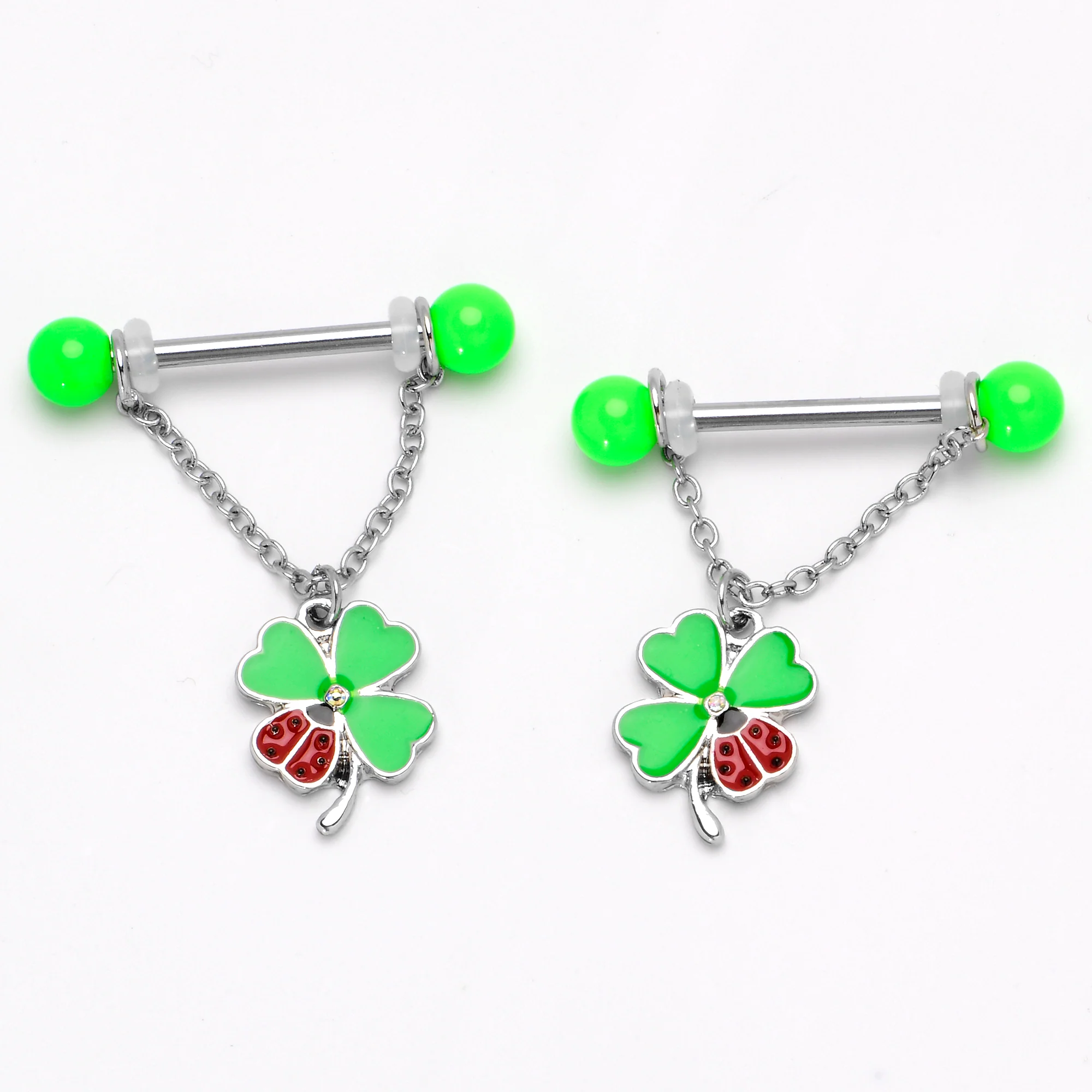 14G 11/16 Ladybug Shamrock UV Glow Chain Dangle Nipple Ring Set - Image 6