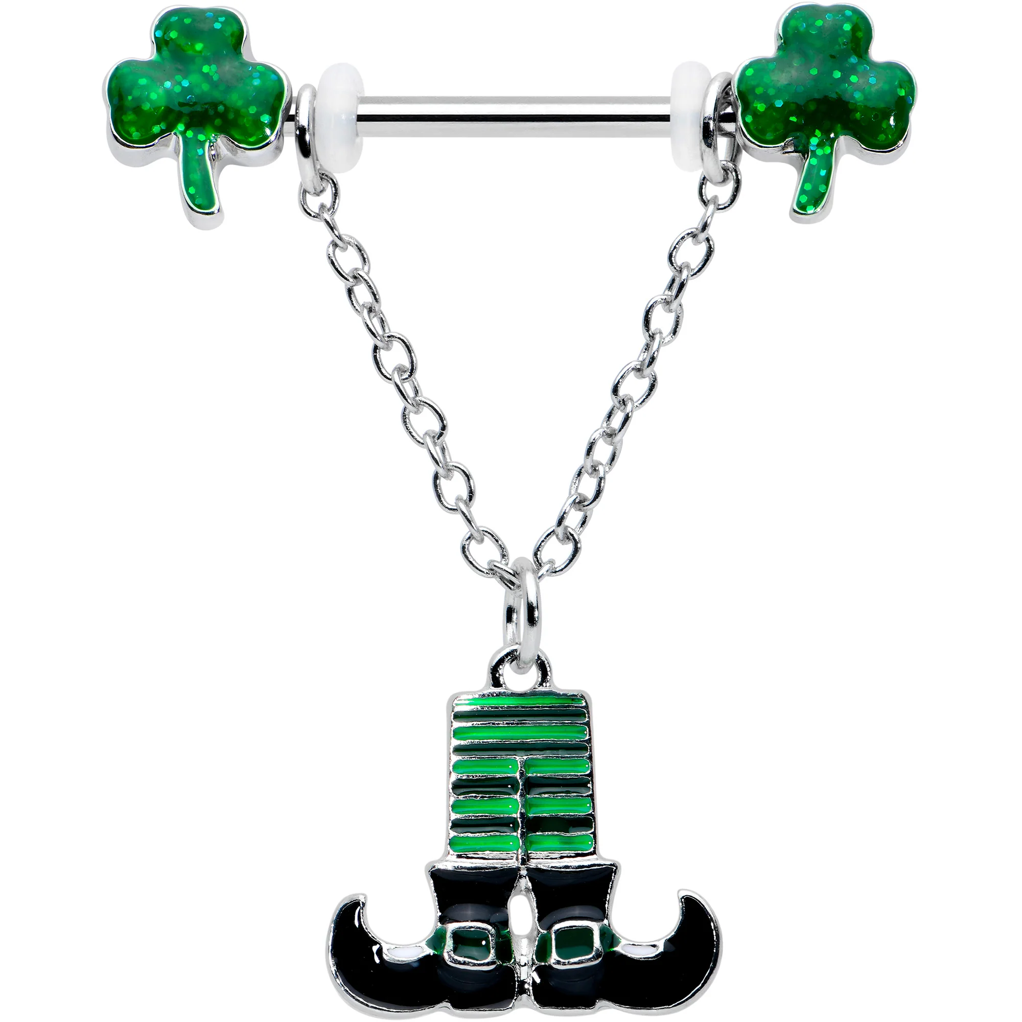 14G 11/16 Leprechaun Legs Shamrock Chain Dangle Nipple Ring Set - Image 2