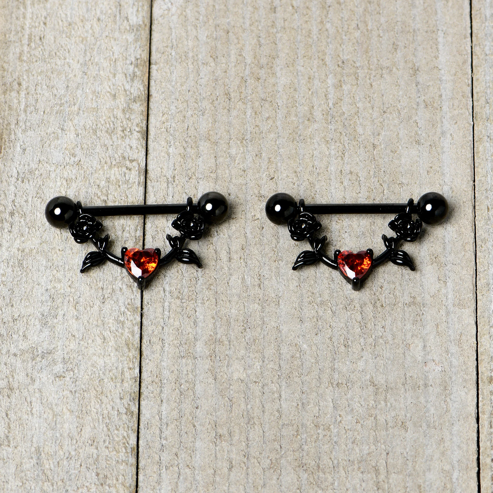 14G 11/16 Red CZ Gem Black Heart Flower Dangle Nipple Ring Set - Image 7