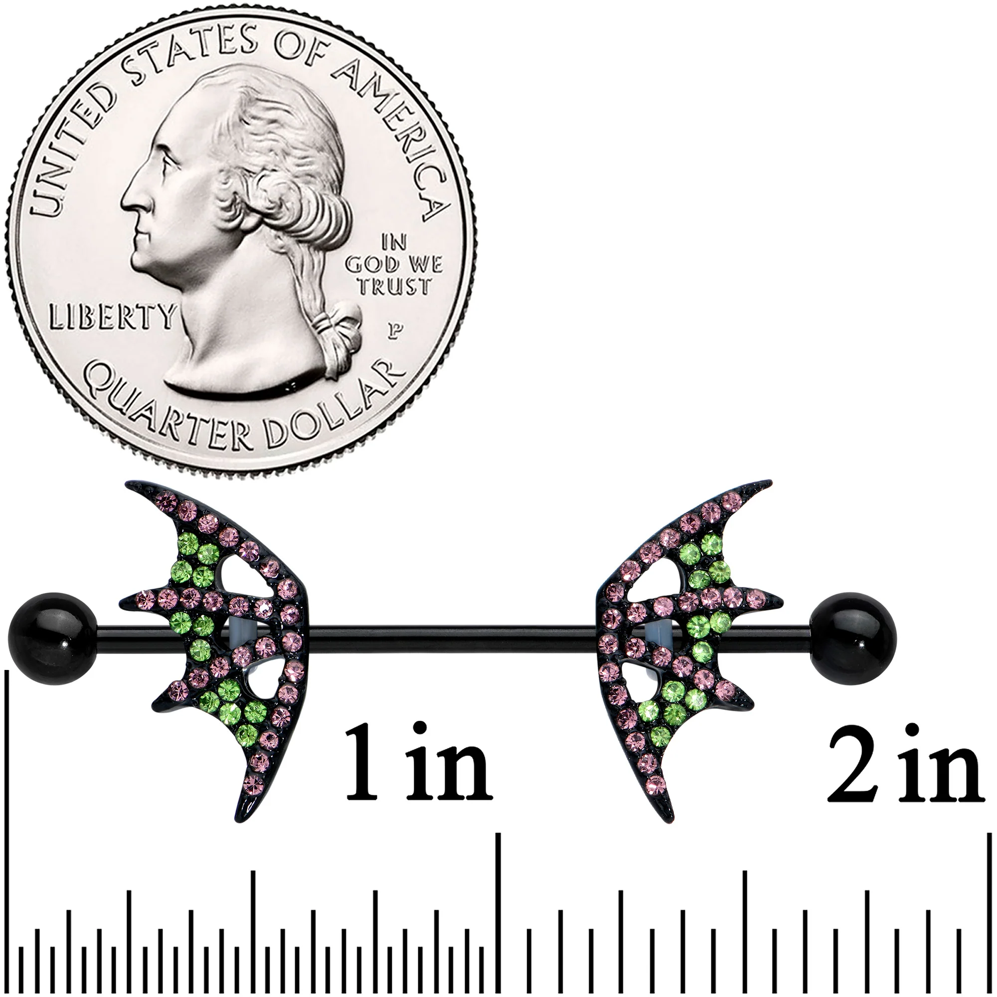 14G 13/16 Pink Green Gem Black Bat Wing Barbell Nipple Ring Set - Image 2