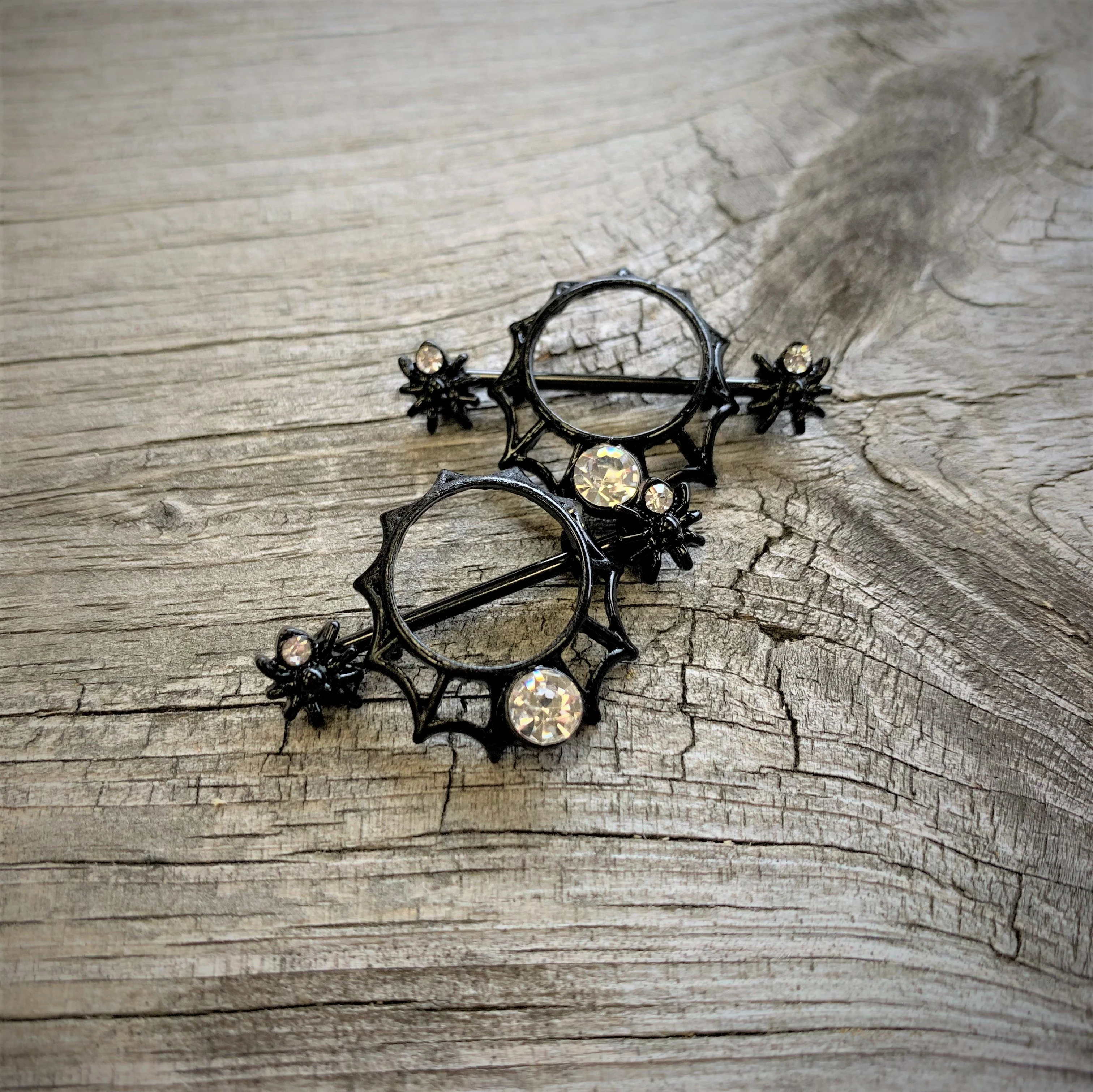 14G 24mm Clear Gem Spider Web Halloween Nipple Shield Set - Image 2