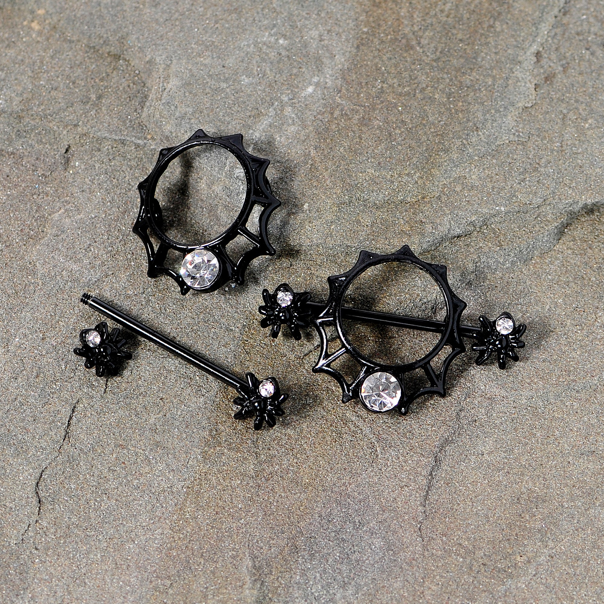 14G 24mm Clear Gem Spider Web Halloween Nipple Shield Set - Image 4
