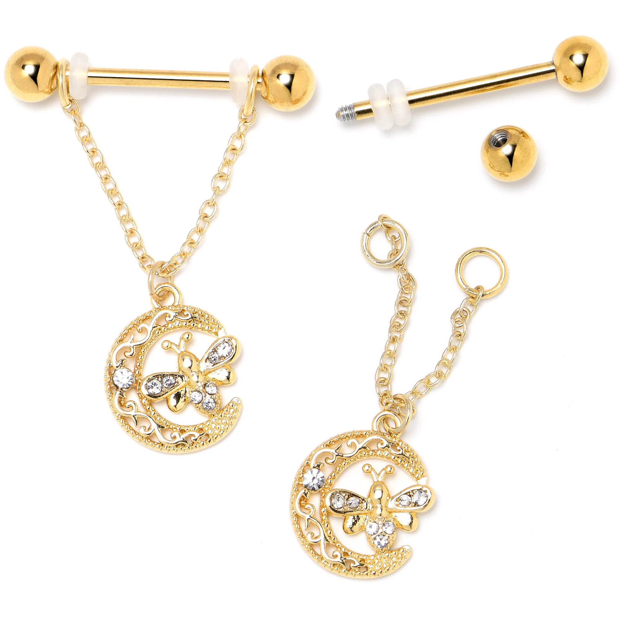 14G 3/4 Clear Gem Gold Tone Lunar Dragonfly Dangle Nipple Ring Set - Image 4