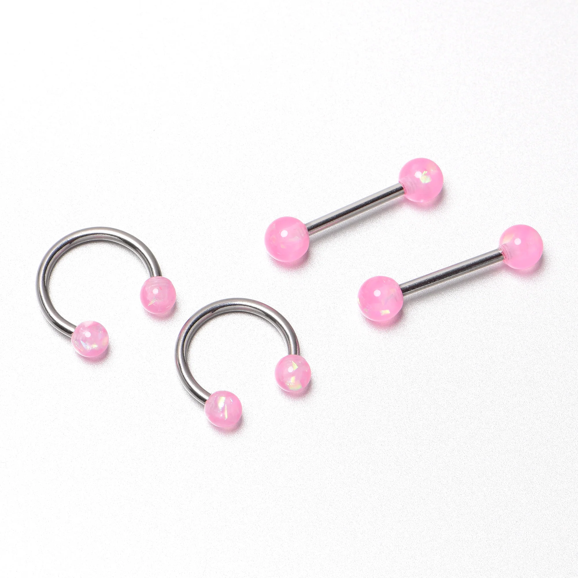 14G 3/8 9/16 Pink Faux Opal Horseshoe Barbell Nipple Ring Set of 4 - Image 7