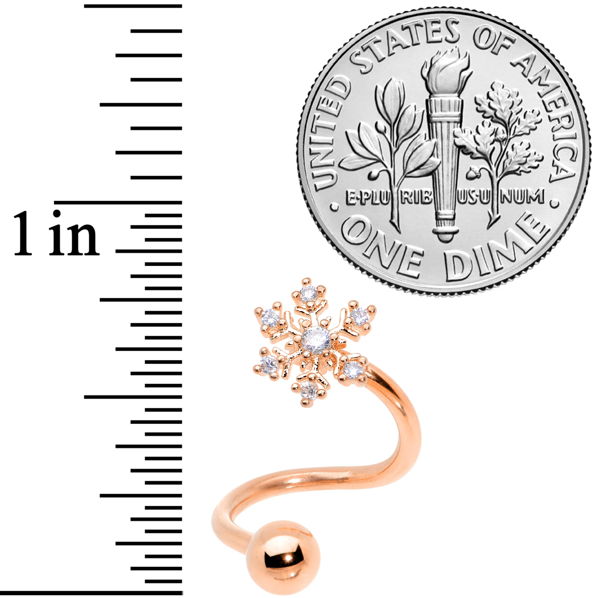 14G 3/8 Clear CZ Gem Rose Gold Tone Snowflake Spiral Belly Ring - Image 3