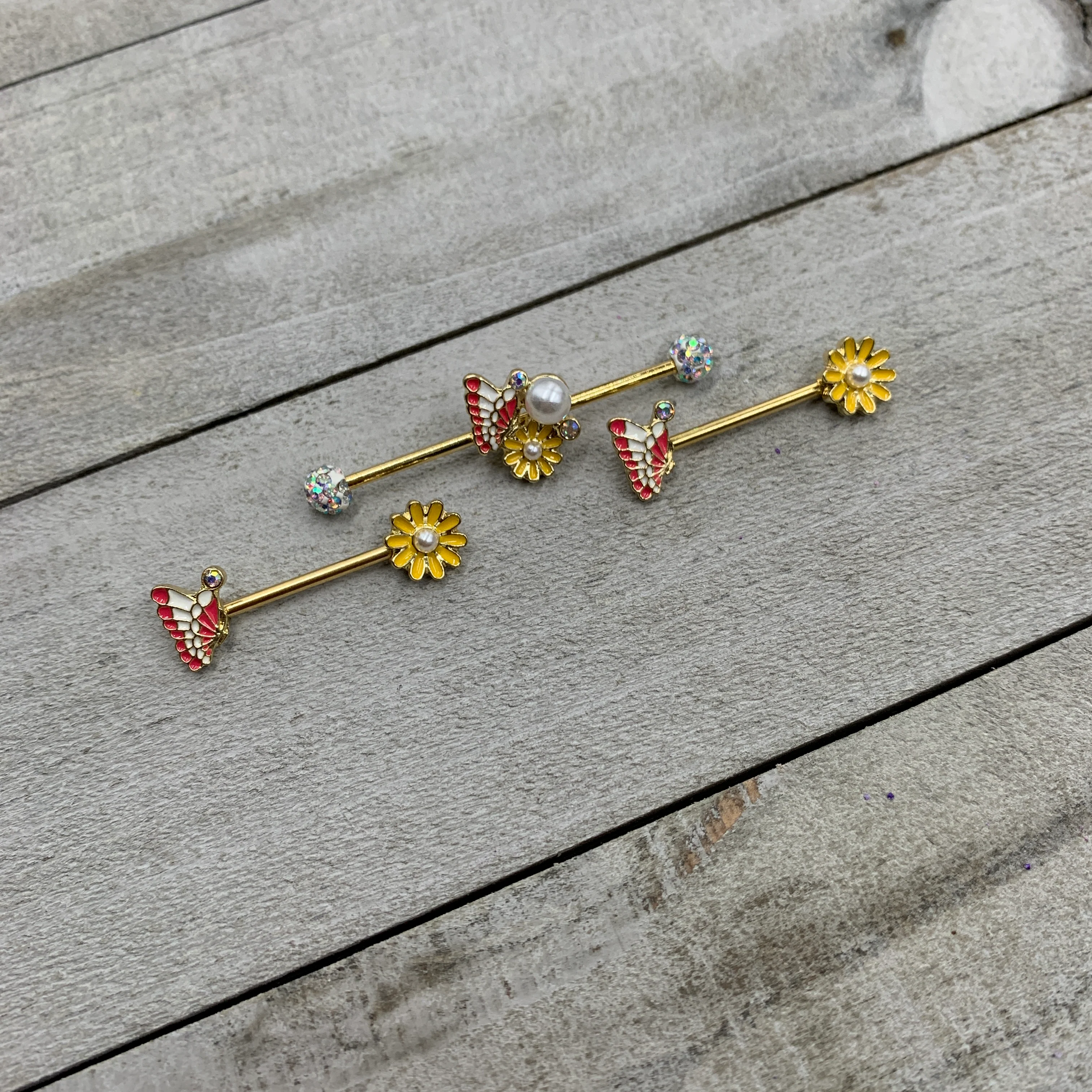 14G 5/8 Aurora Gem Gold Tone Butterfly Flower Barbell Nipple Ring Set - Image 3