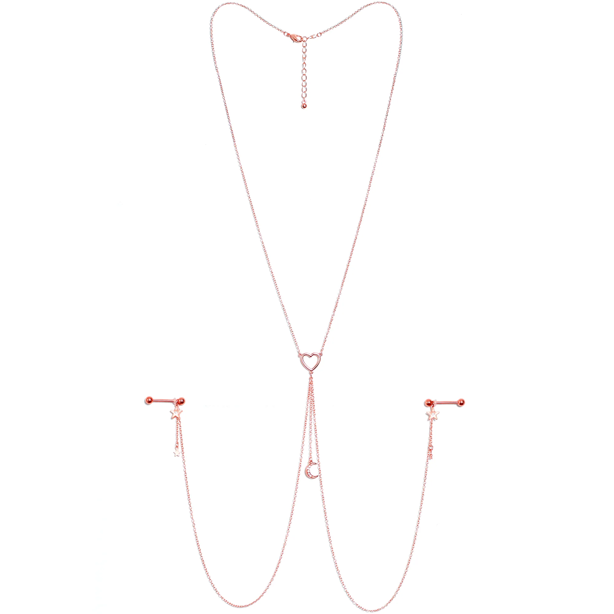 14G 5/8 Aurora Gem Rose Gold Hue Star Moon Nipple Chain Necklace - Image 6