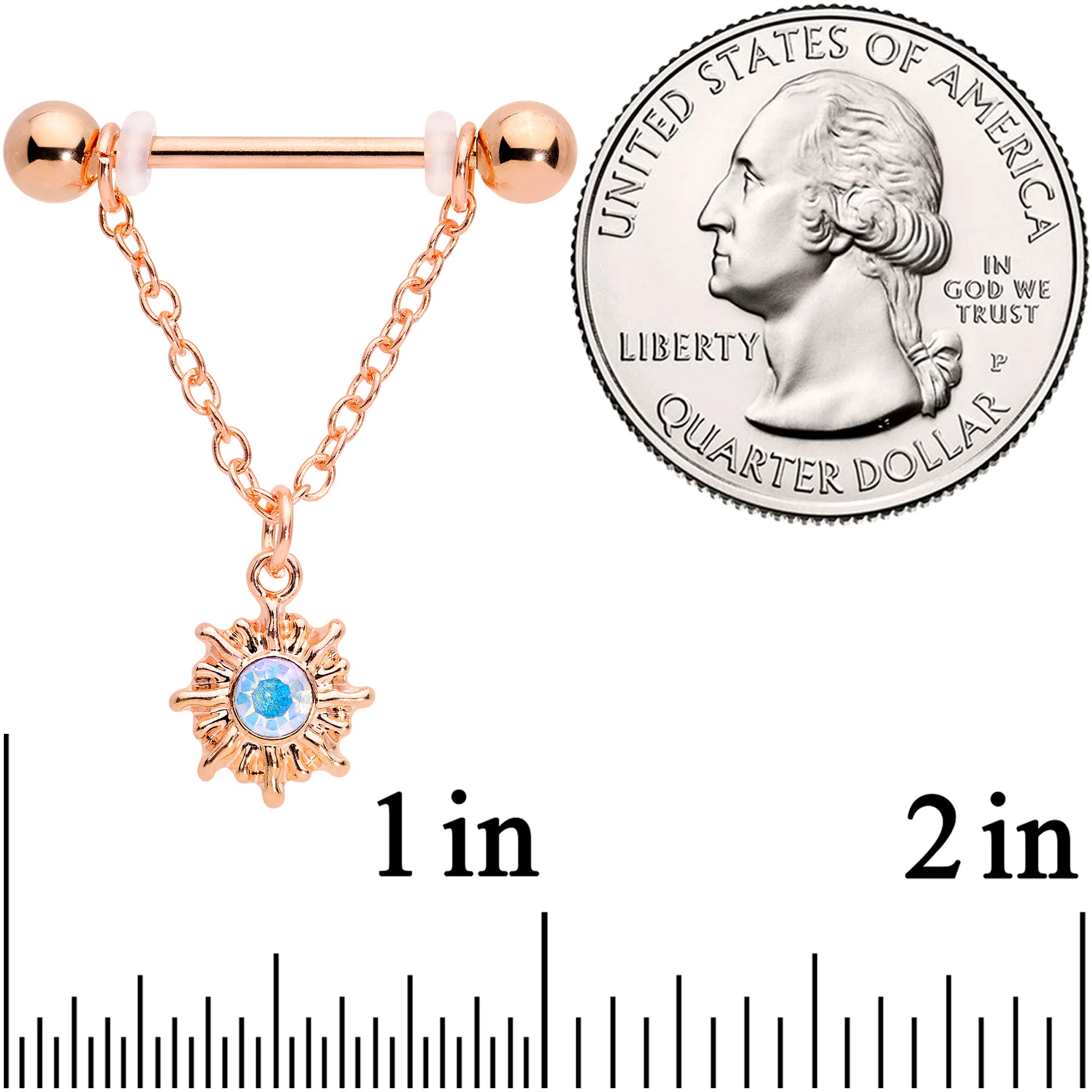 14G 5/8 Aurora Gem Rose Gold Tone Moon Sun Dangle Nipple Ring Set - Image 2
