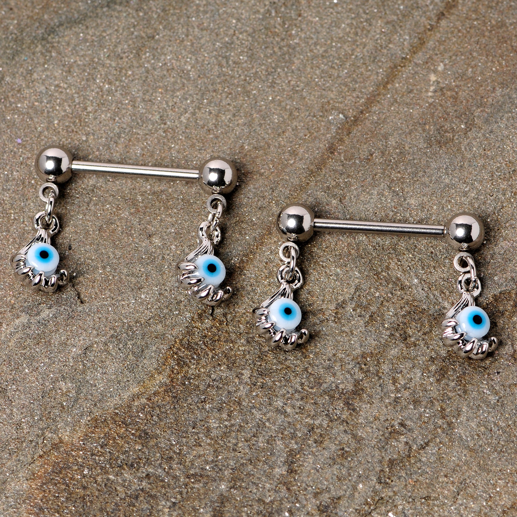 14G 5/8 Blue Eyeball Hand Halloween Dangle Nipple Ring Set - Image 2