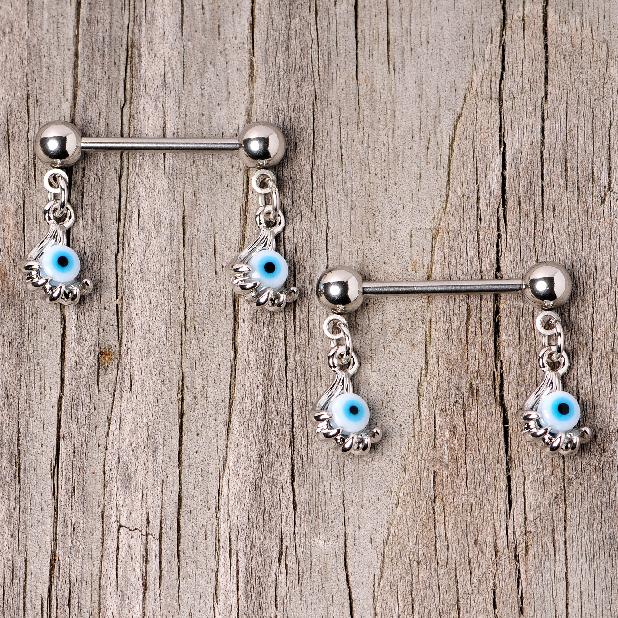 14G 5/8 Blue Eyeball Hand Halloween Dangle Nipple Ring Set - Image 4
