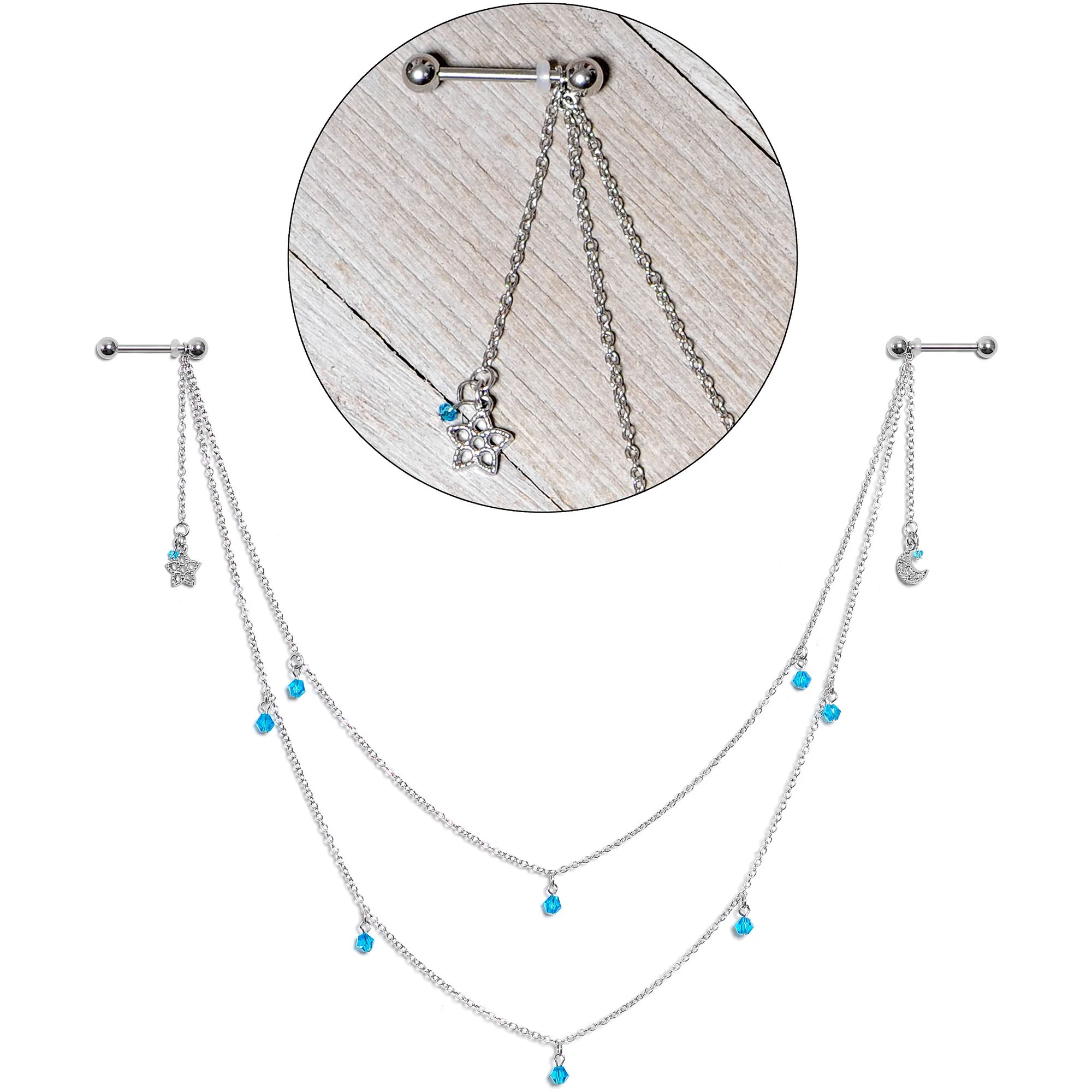 14G 5/8 Blue Gem Moon Star Double Dangle Nipple Chain - Image 6