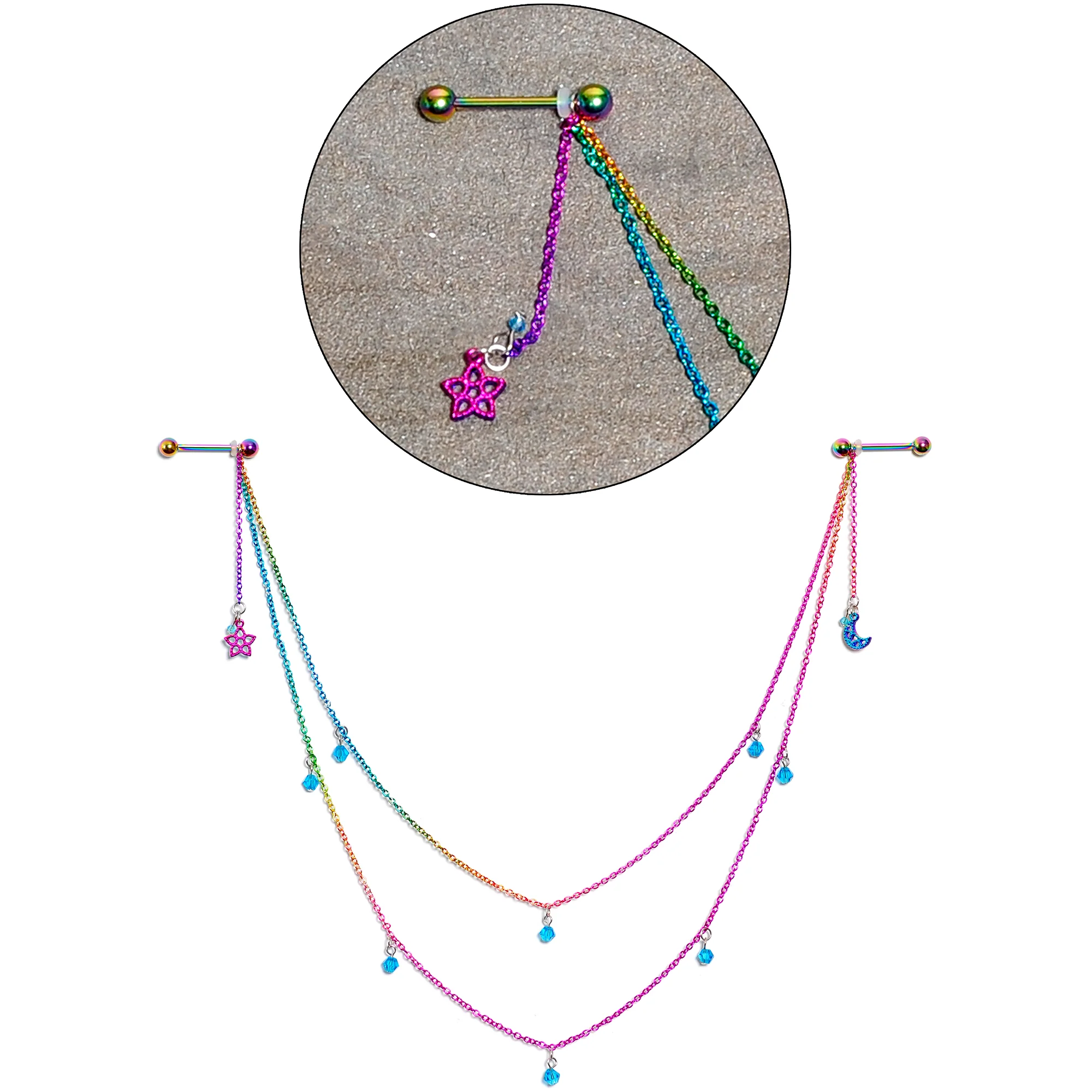 14G 5/8 Blue Gem Rainbow Moon Star Double Dangle Nipple Chain - Image 7