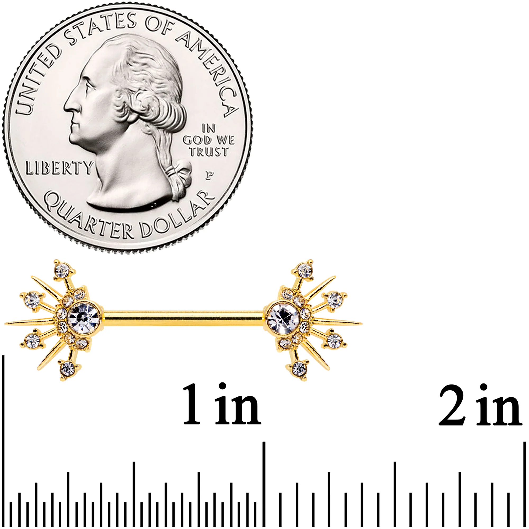14G 5/8 Clear CZ Gem Gold Hue Elegant Crest Barbell Nipple Ring Set - Image 2