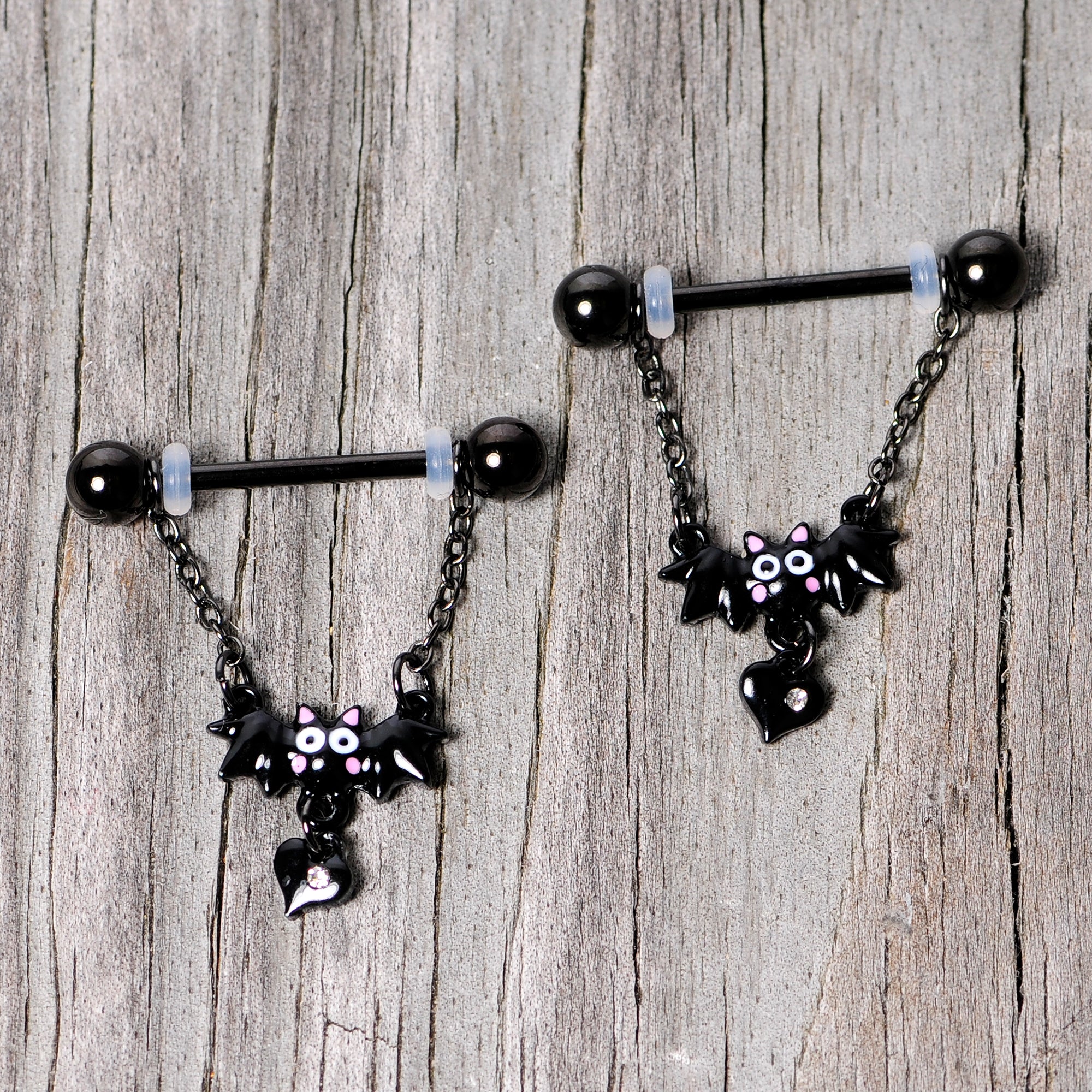 14G 5/8 Clear Gem Black Bat Halloween Dangle Nipple Ring Set - Image 4