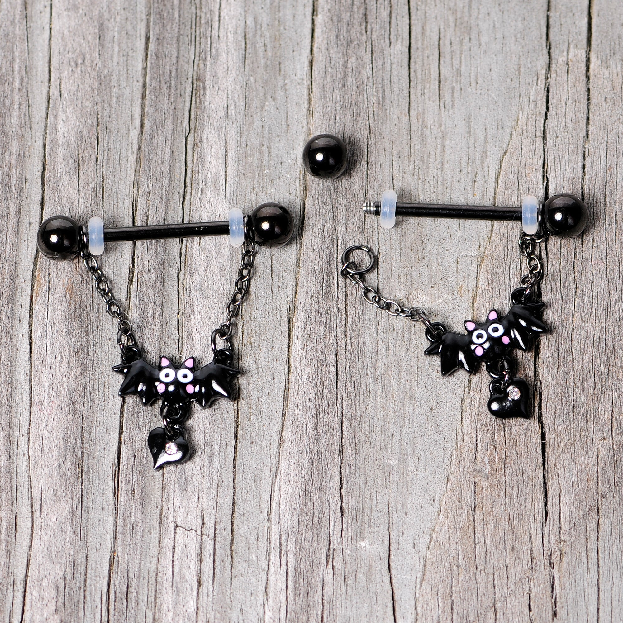 14G 5/8 Clear Gem Black Bat Halloween Dangle Nipple Ring Set - Image 6
