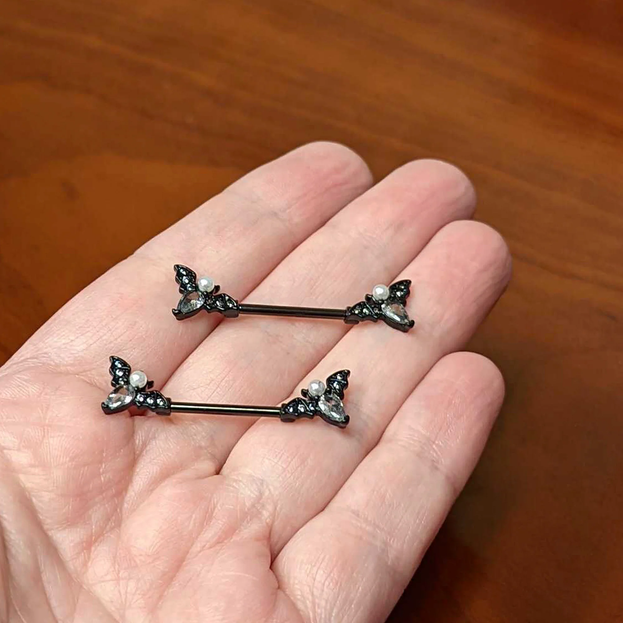 14G 5/8 Clear Gem Black Flying Bats Halloween Nipple Ring Set - Image 4