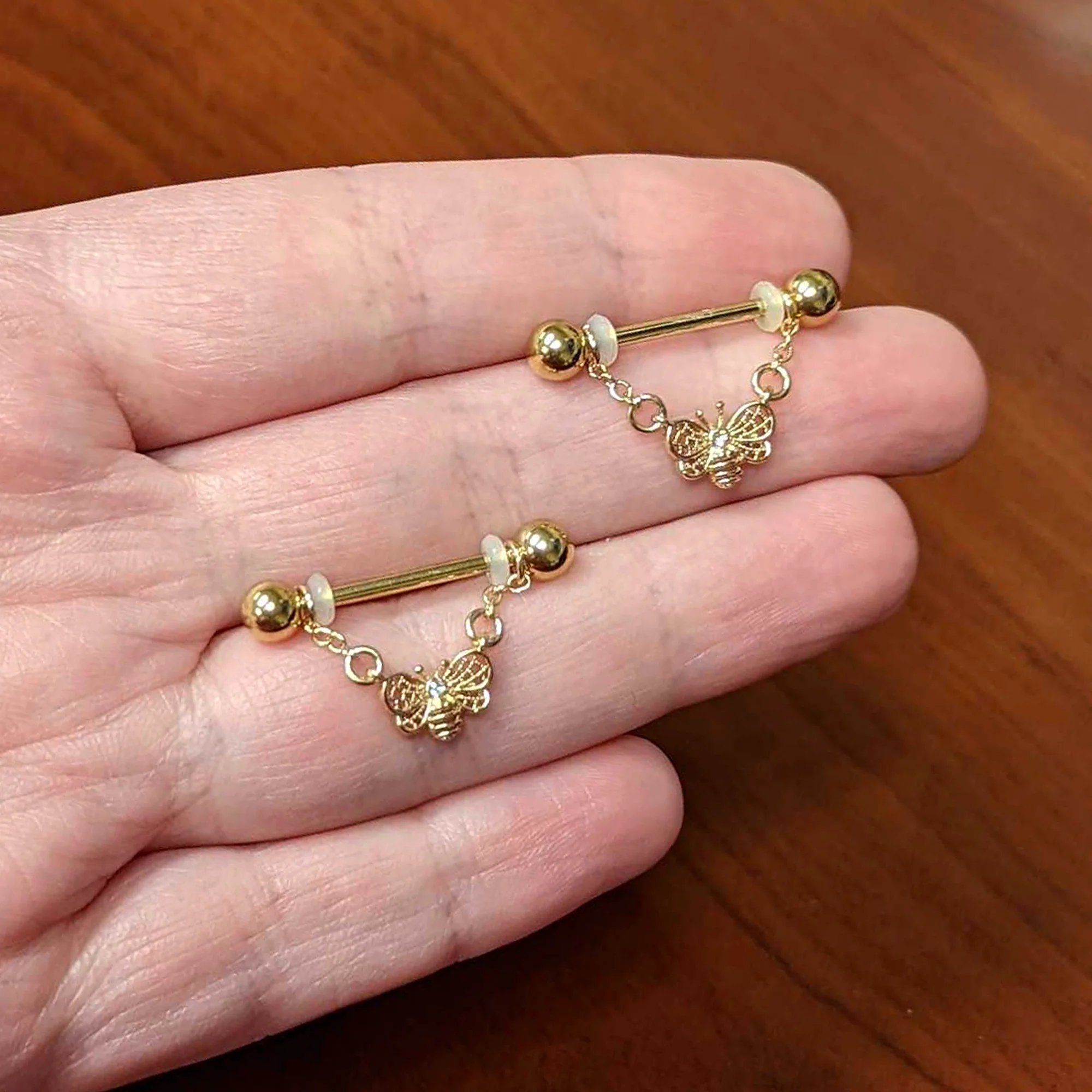 14G 5/8 Clear Gem Gold Tone Chain Dangle Barbell Nipple Ring Set - Image 4