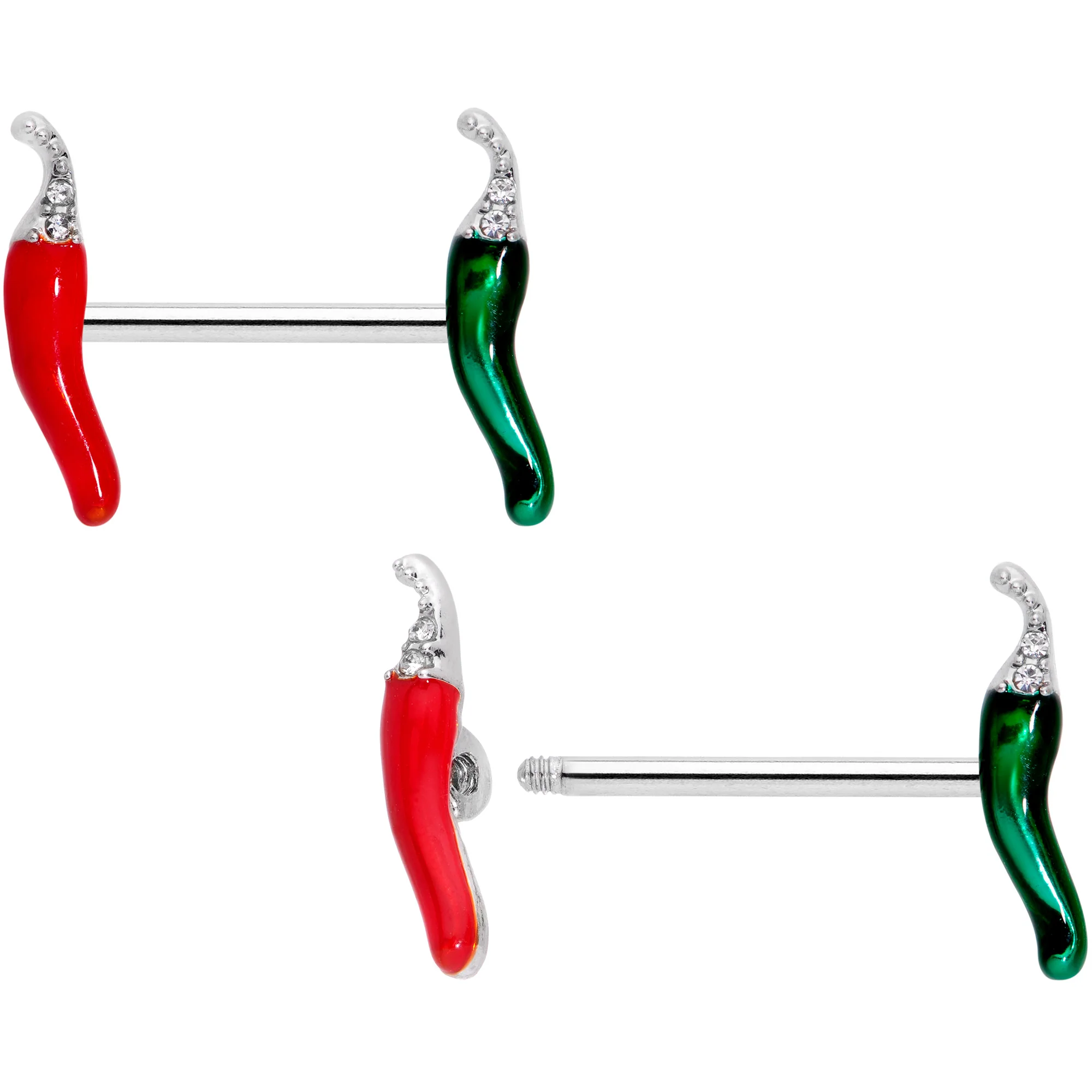 14G 5/8 Clear Gem Red Green Pepper Barbell Nipple Ring Set - Image 3