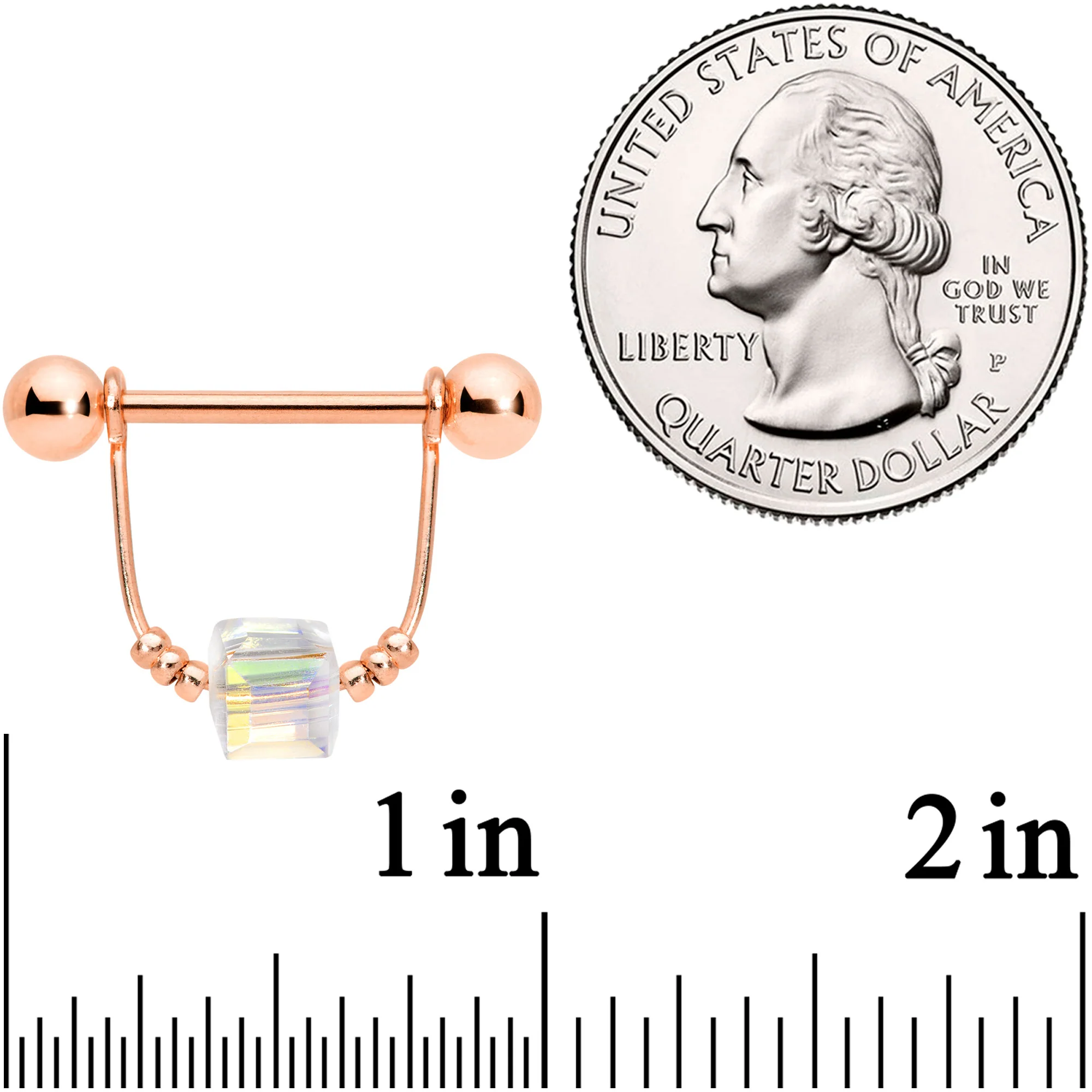 14G 5/8 Clear Gem Rose Gold Tone Cube Dangle Nipple Ring Set - Image 3
