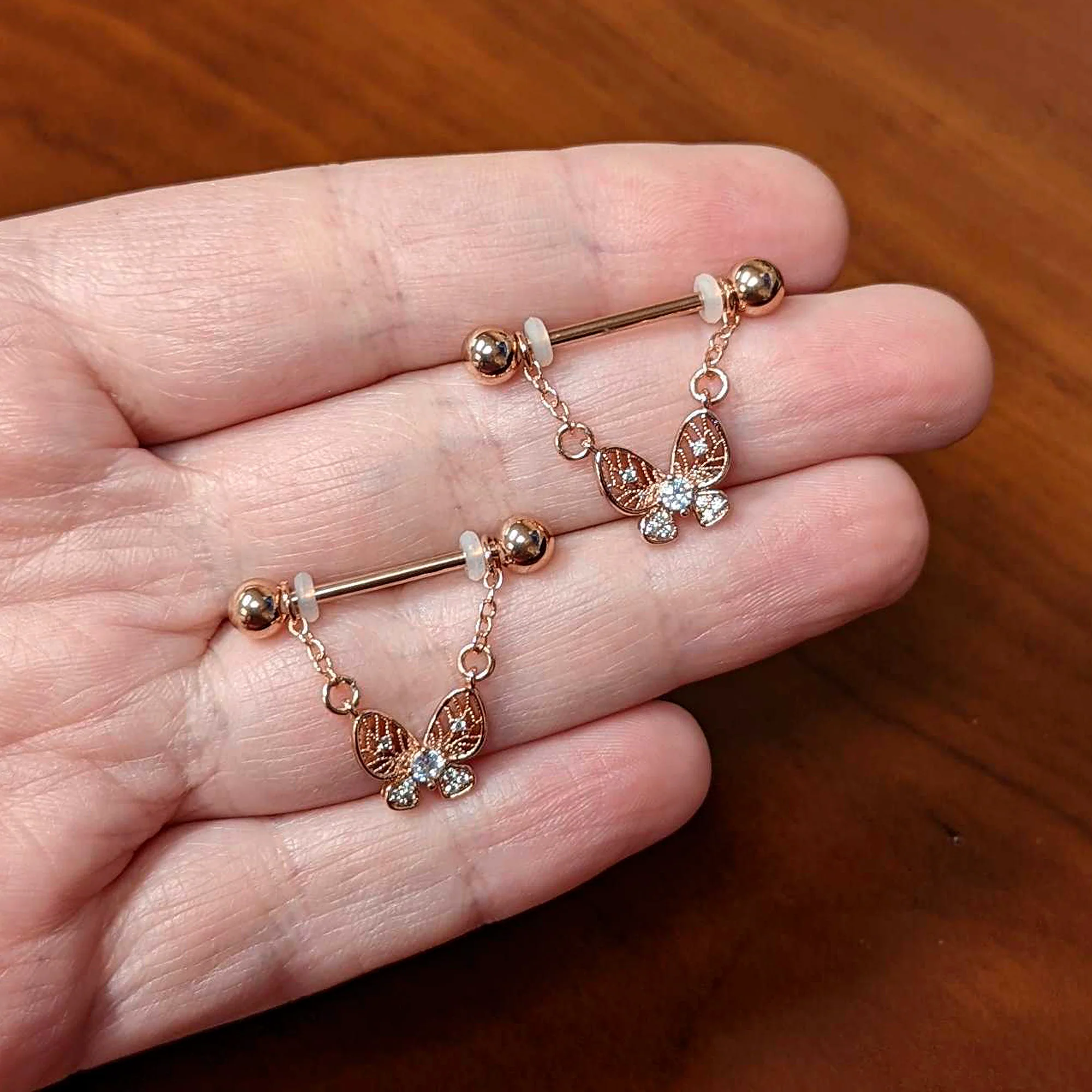 14G 5/8 Clear Gem Rosy Tone Airy Butterfly Dangle Nipple Ring Set - Image 4