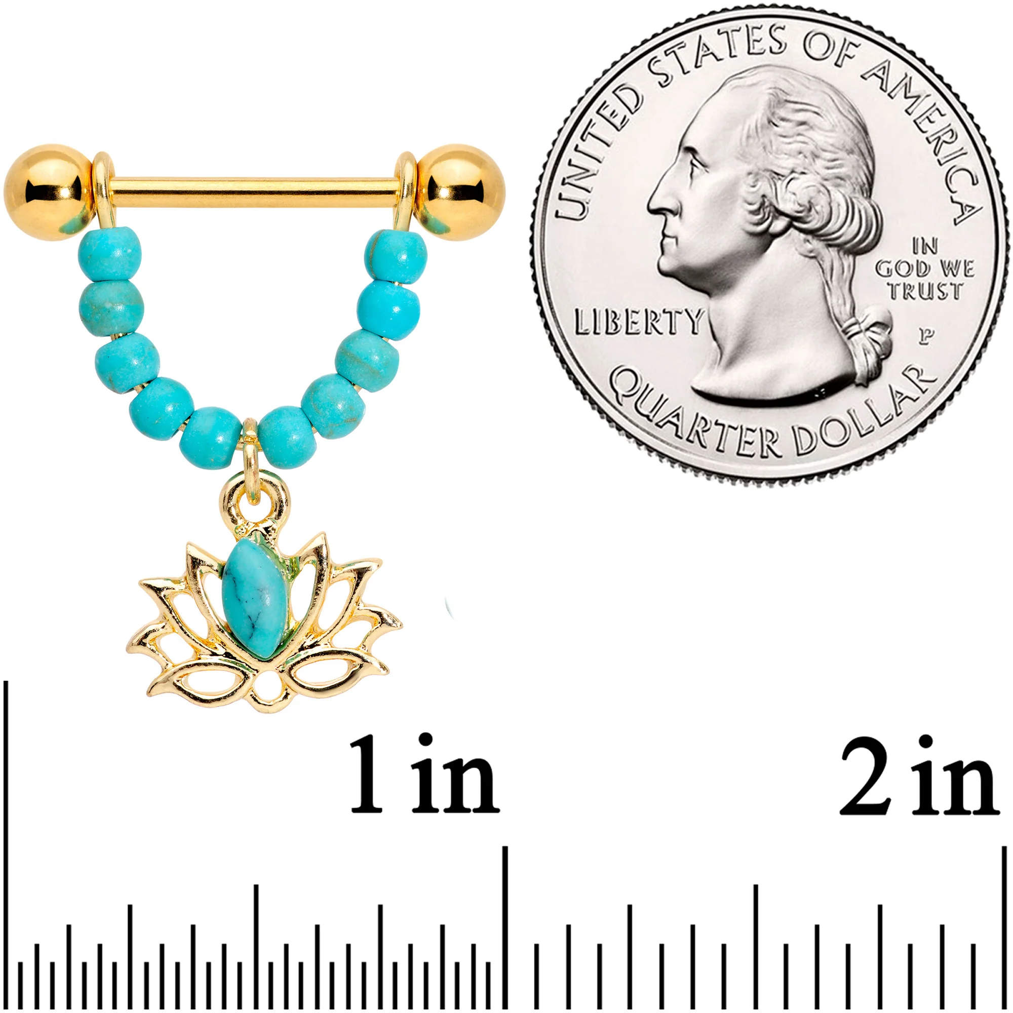 14G 5/8 Faux Turquoise Gold Tone Lotus Flower Dangle Nipple Ring Set - Image 2