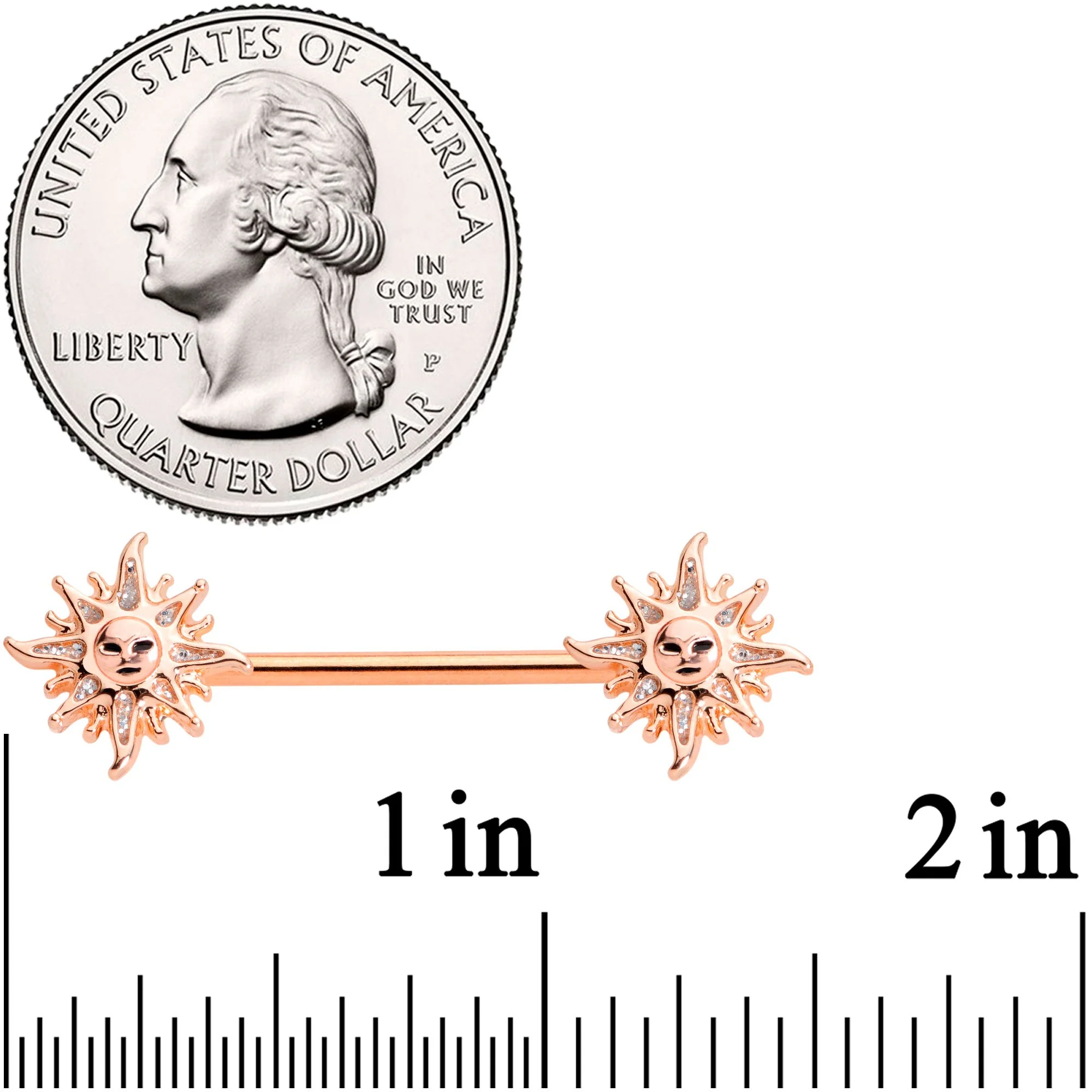 14G 5/8 Glitter Inlay Rose Gold Tone Sun Barbell Nipple Ring Set - Image 2