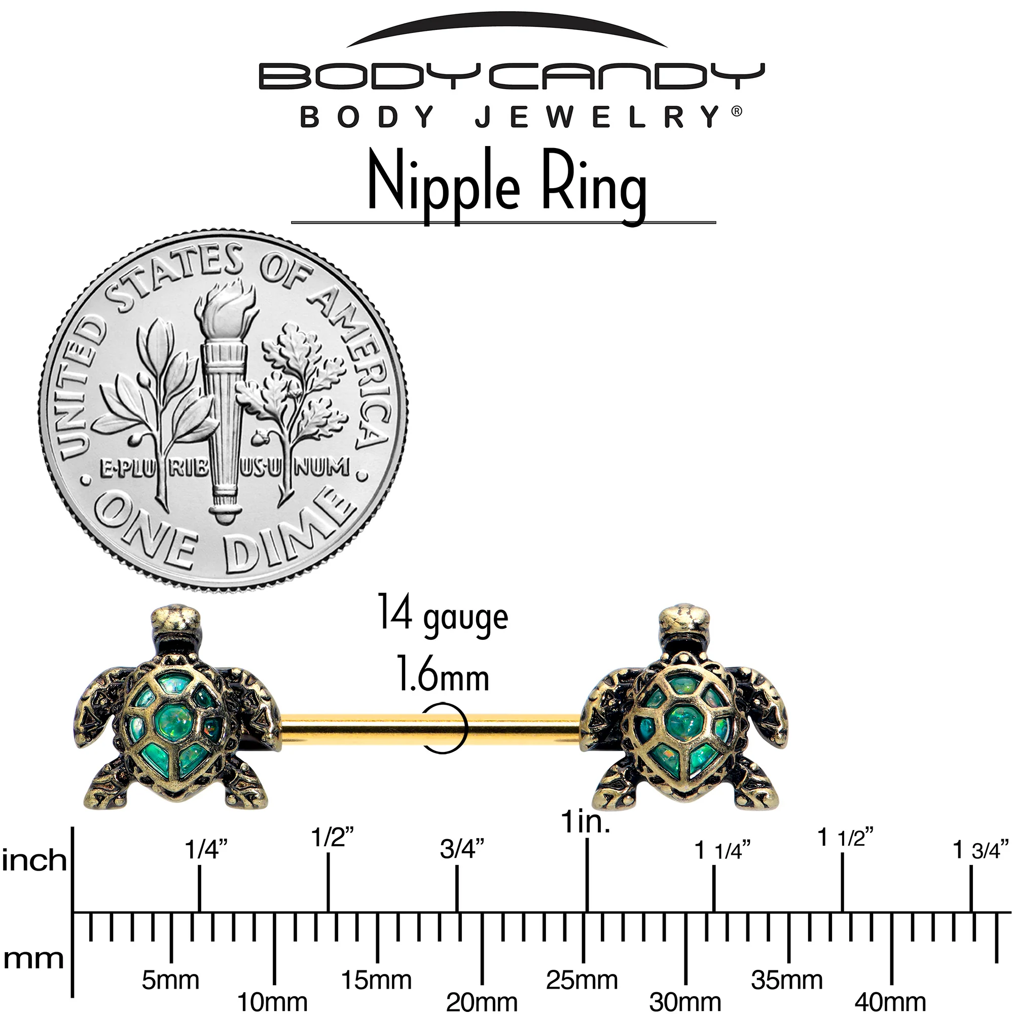 14G 5/8 Gold Tone Anodized Sea Turtle Style Barbell Nipple Ring Set - Image 3