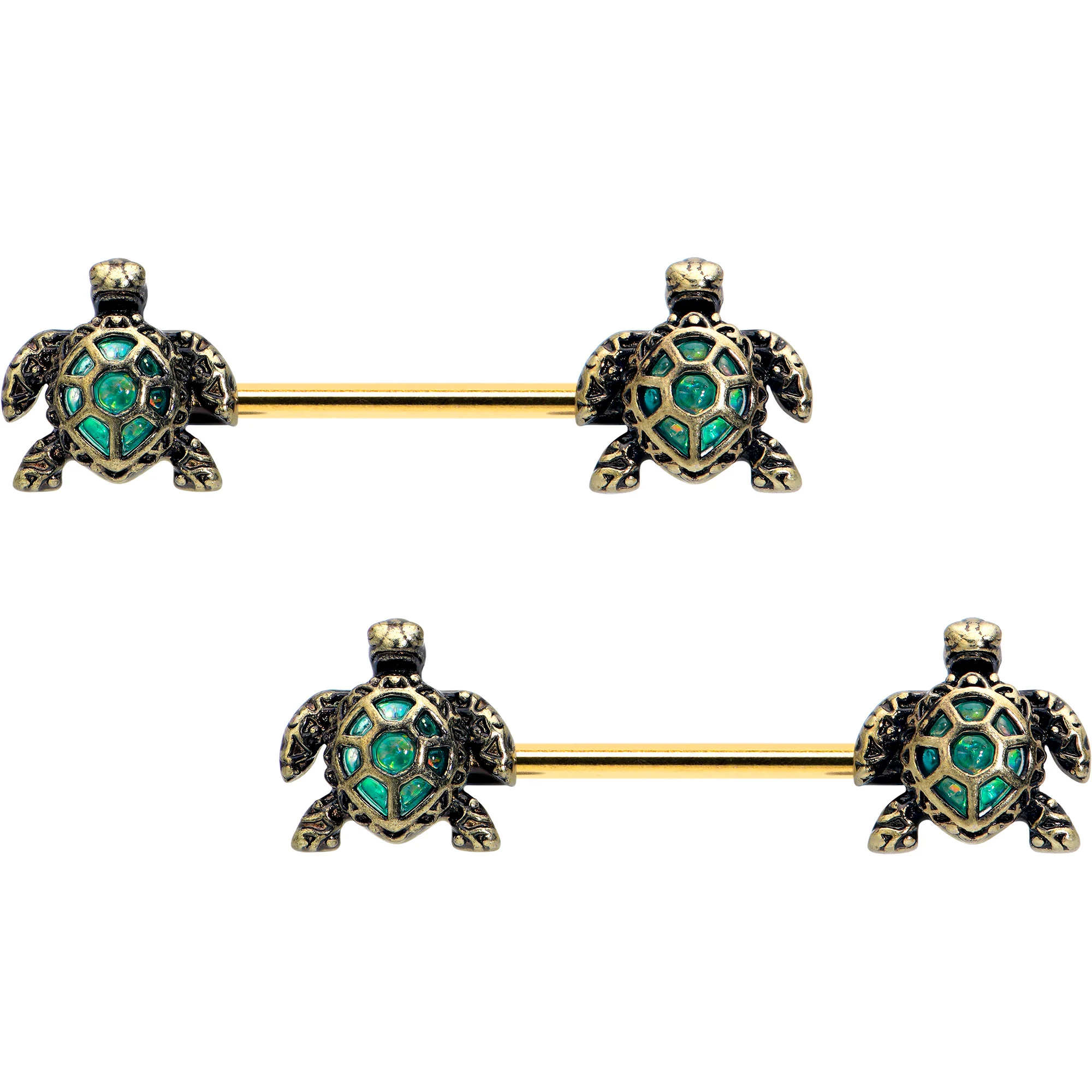 14G 5/8 Gold Tone Anodized Sea Turtle Style Barbell Nipple Ring Set - Image 4