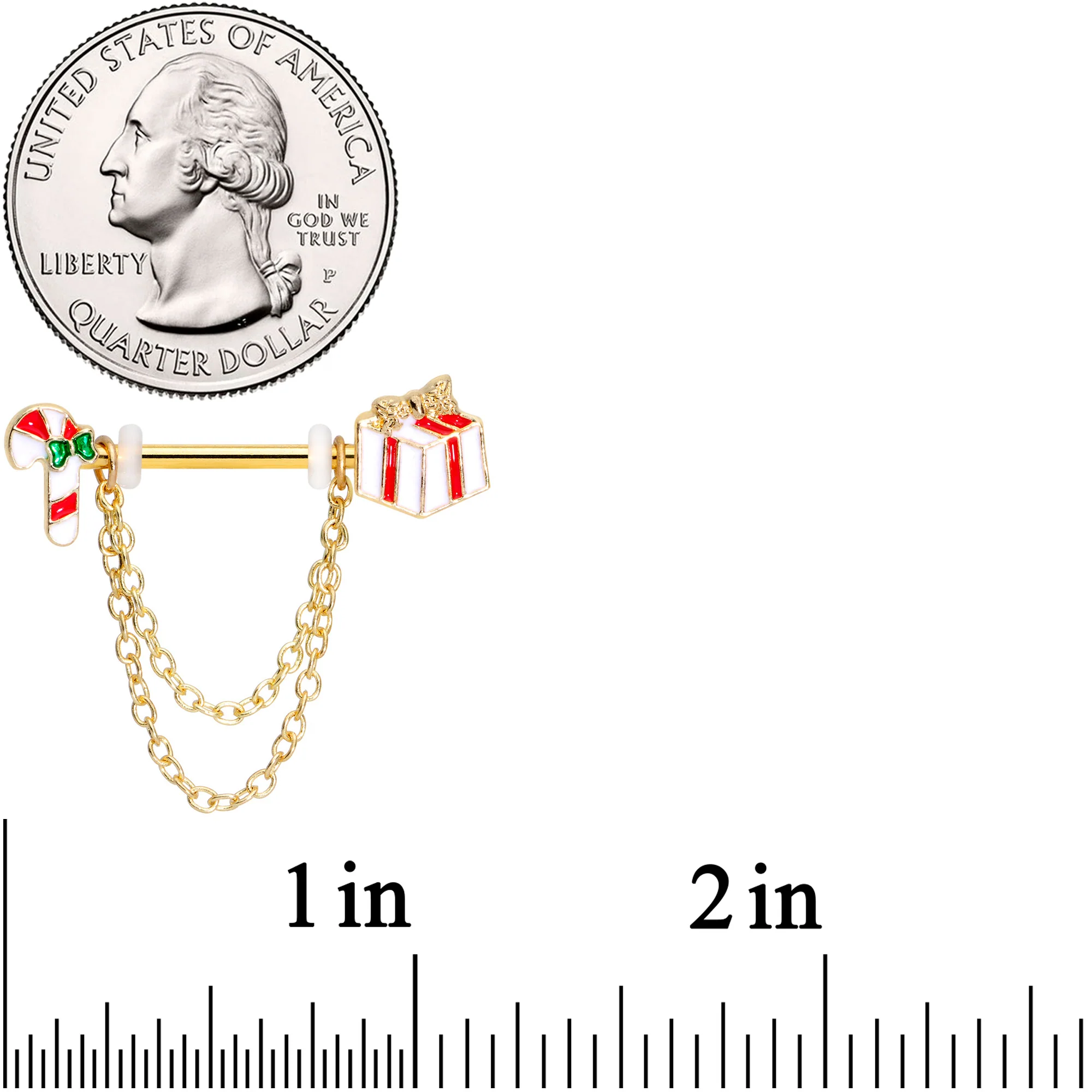 14G 5/8 Gold Tone Candy Cane Gift Holiday Dangle Nipple Ring Set - Image 2