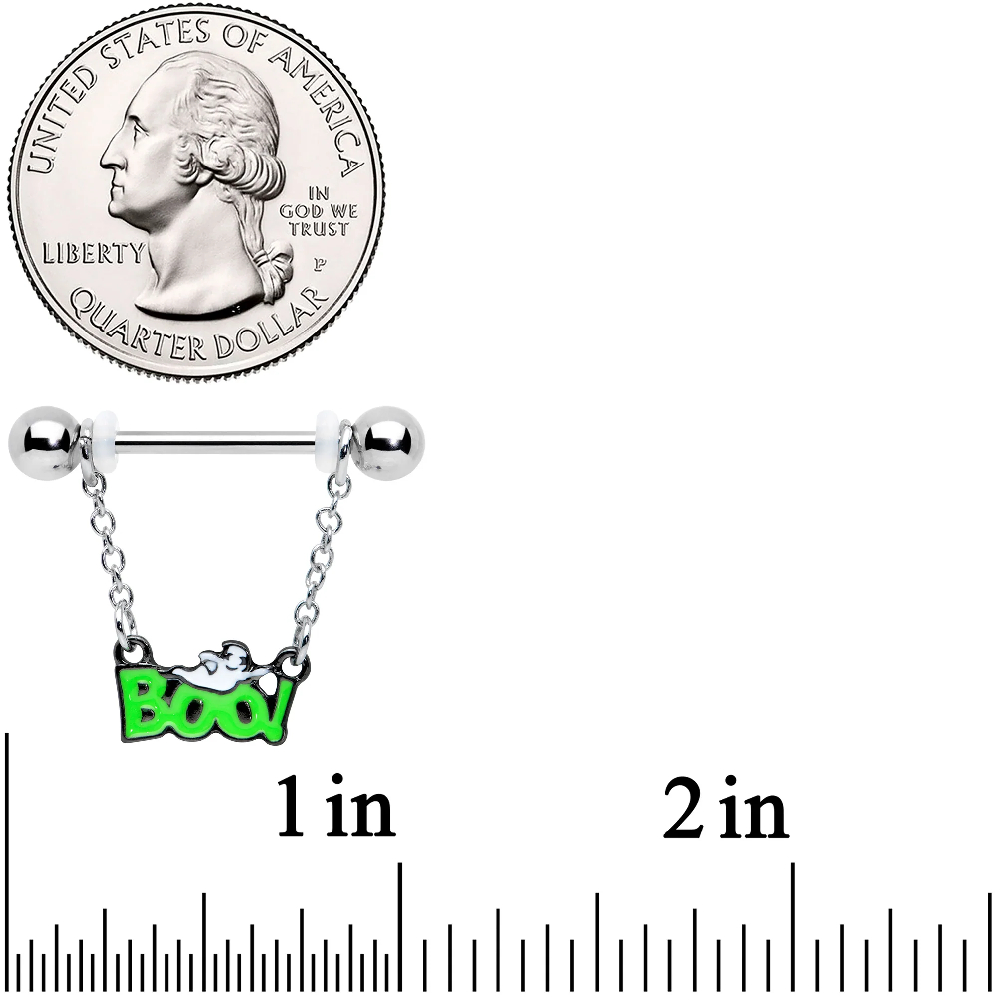 14G 5/8 Green Boo Smile Ghost Halloween Dangle Nipple Ring Set - Image 2