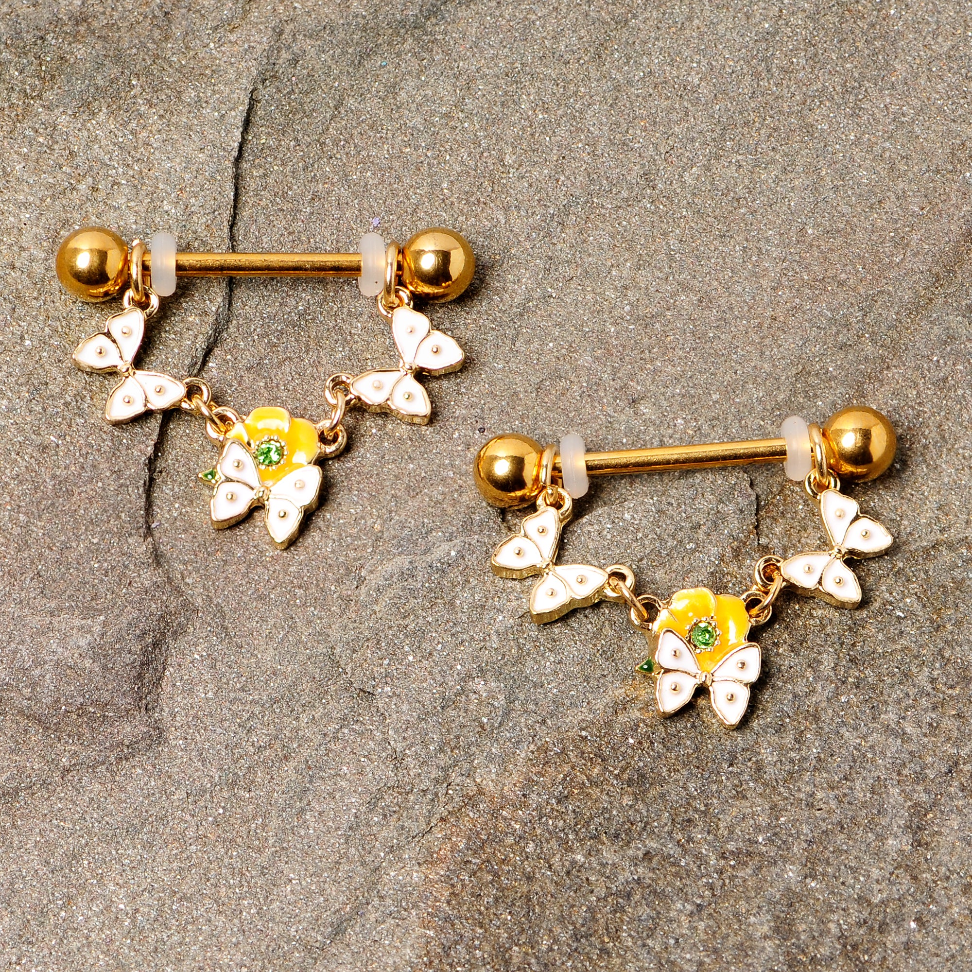 14G 5/8 Green Gem Gold Tone Butterfly Dangle Nipple Ring Set - Image 3