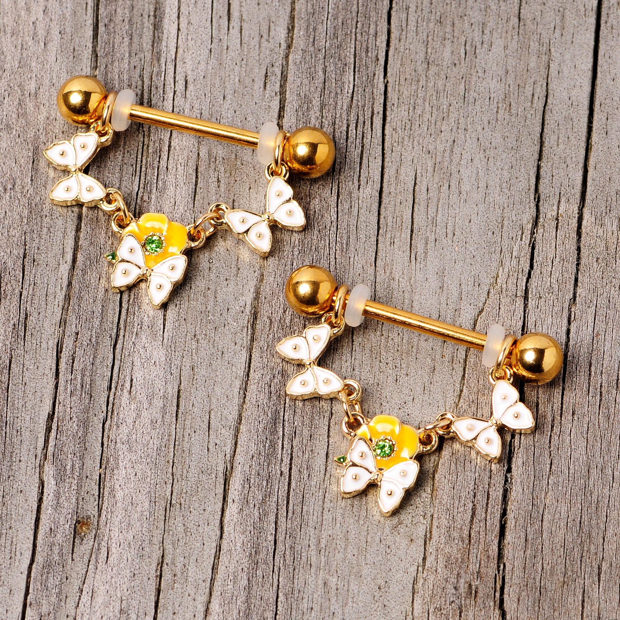 14G 5/8 Green Gem Gold Tone Butterfly Dangle Nipple Ring Set - Image 4
