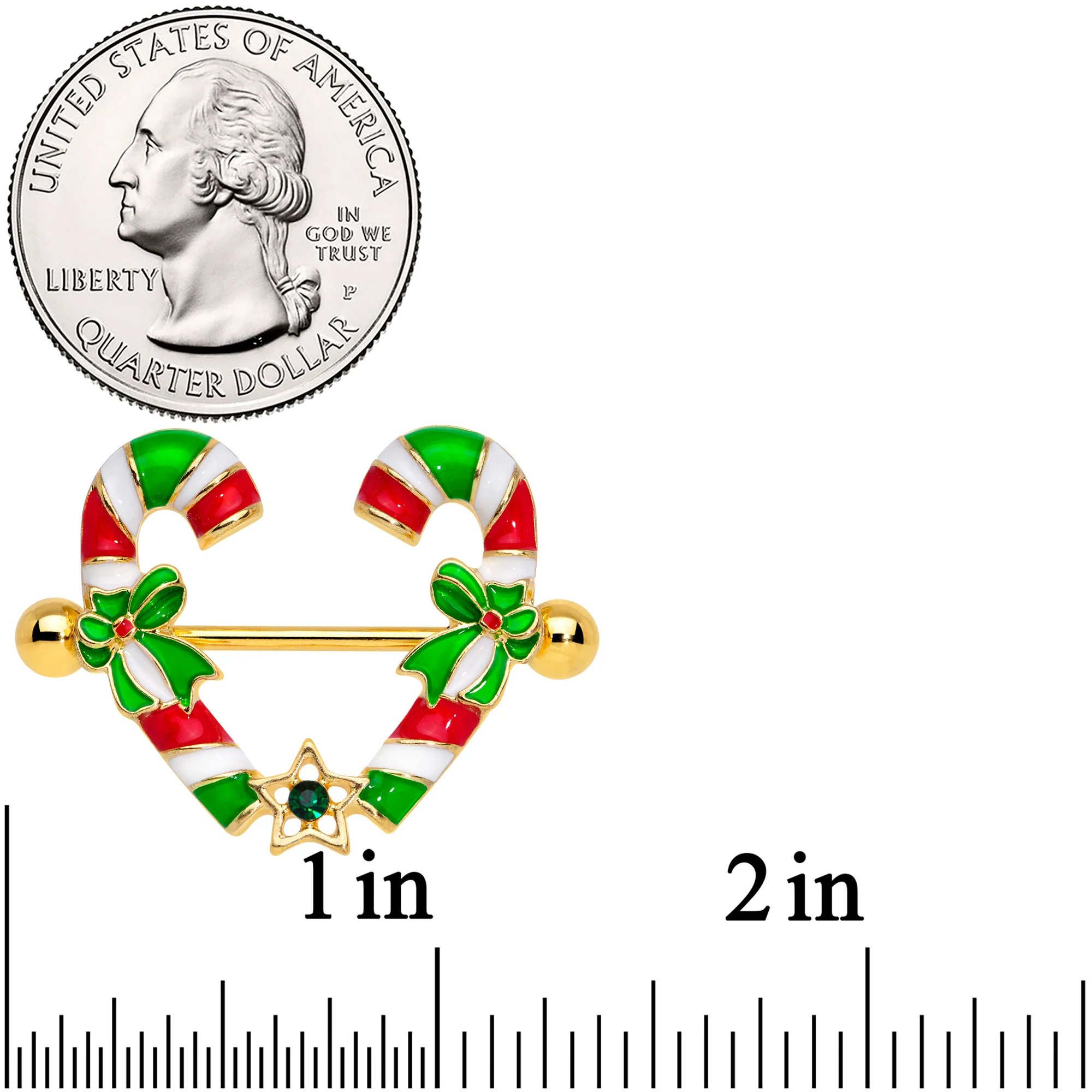 14G 5/8 Green Gem Gold Tone Candy Cane Christmas Nipple Ring Set - Image 2