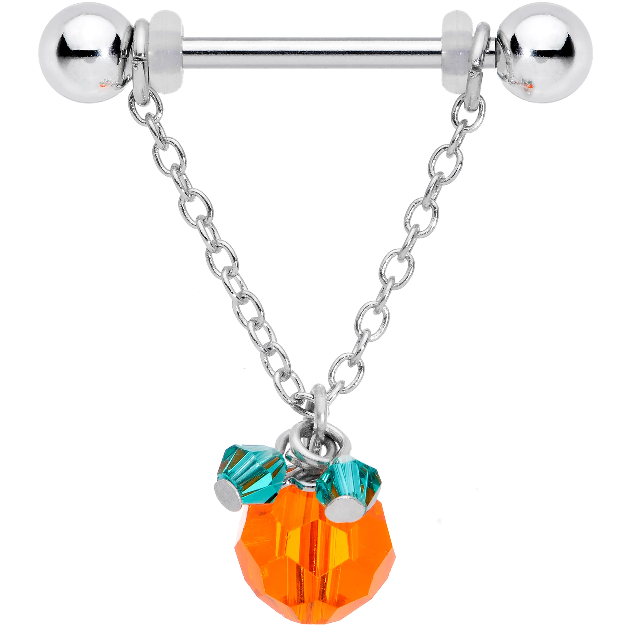 14G 5/8 Green Orange Gem Pumpkin Halloween Dangle Nipple Ring Set - Image 3