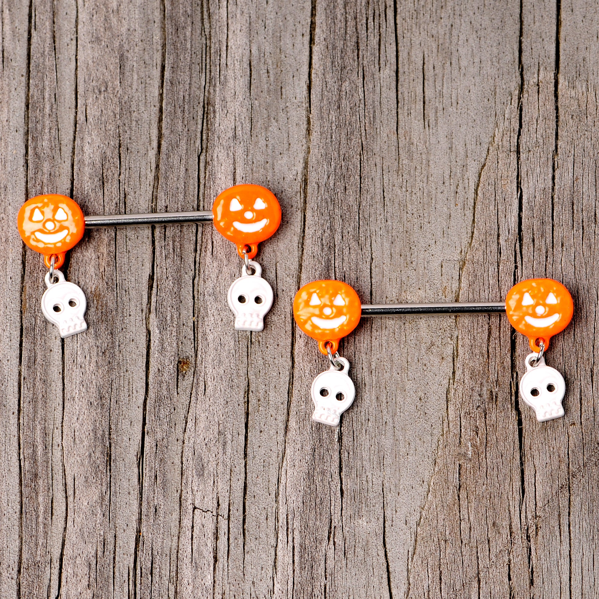 14G 5/8 Orange Pumpkin Skull Halloween Dangle Nipple Ring Set - Image 3