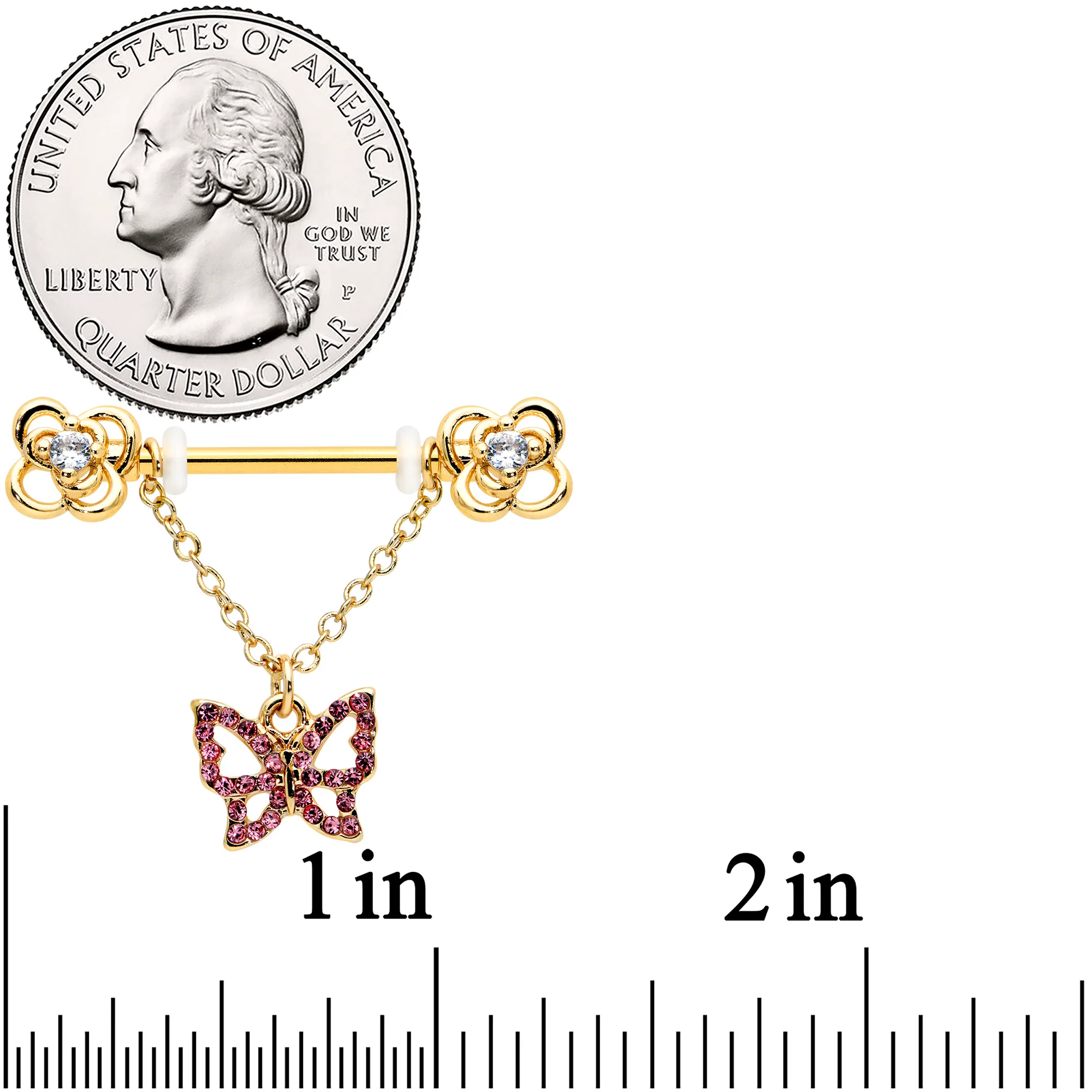 14G 5/8 Pink Gem Gold Hue Simple Butterfly Dangle Nipple Ring Set - Image 3