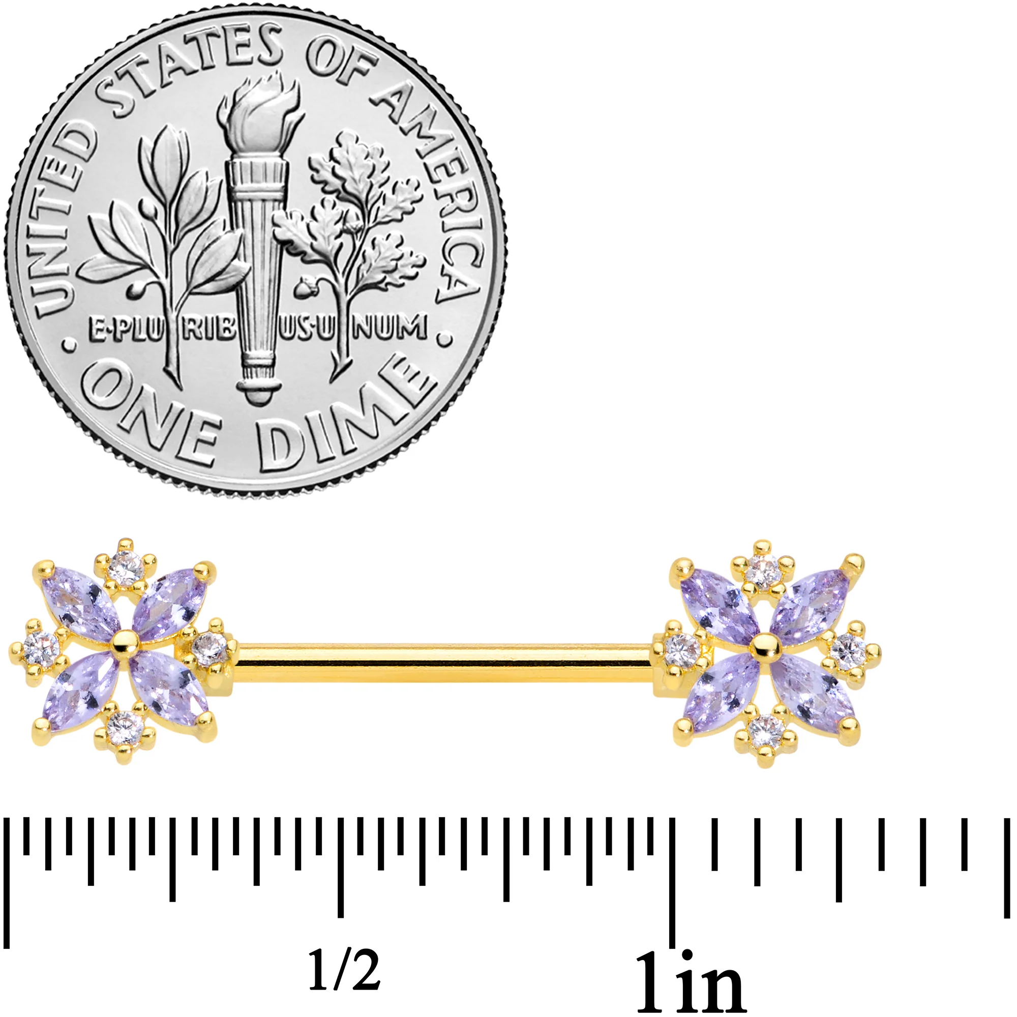 14G 5/8 Purple CZ Gem Gold Tone Star Burst Nipple Ring Set - Image 4