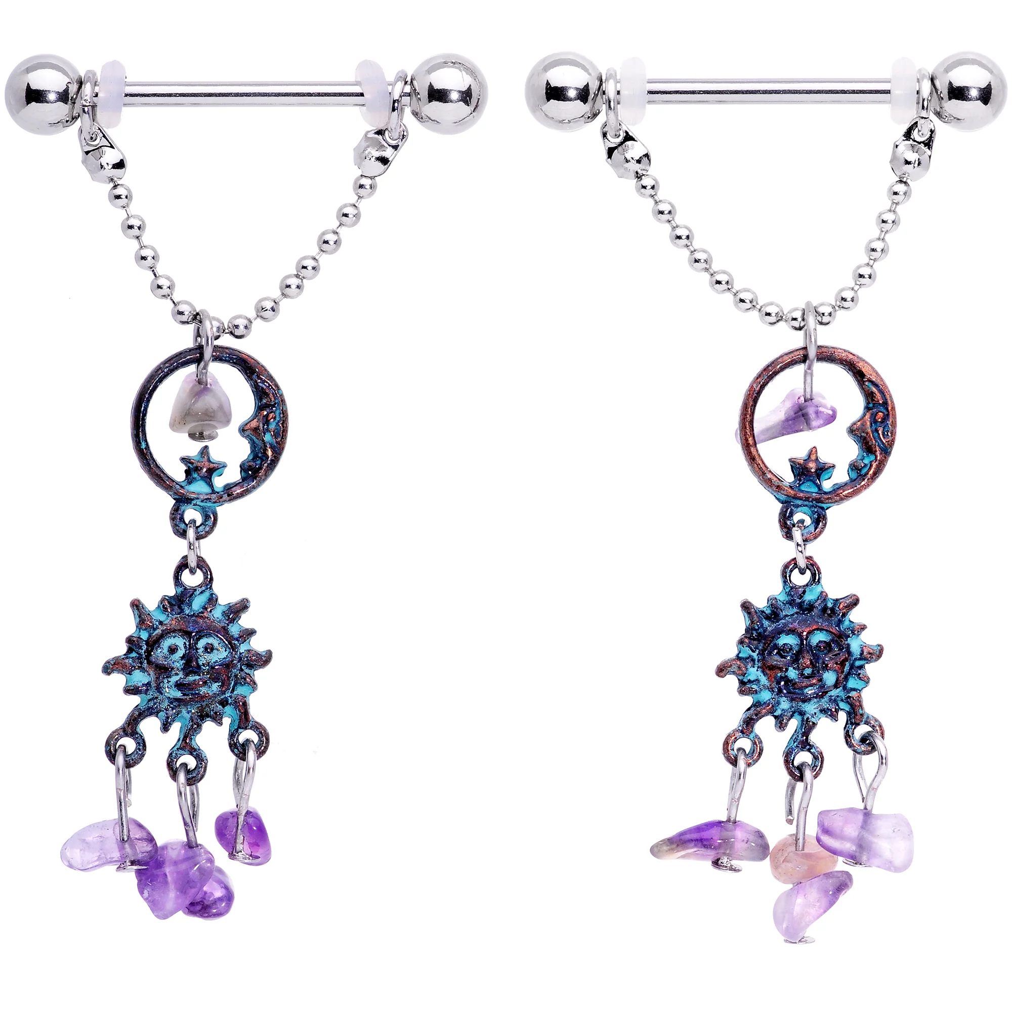 14G 5/8 Purple Gem Solstice Sun Moon Dangle Nipple Ring Set - Image 6