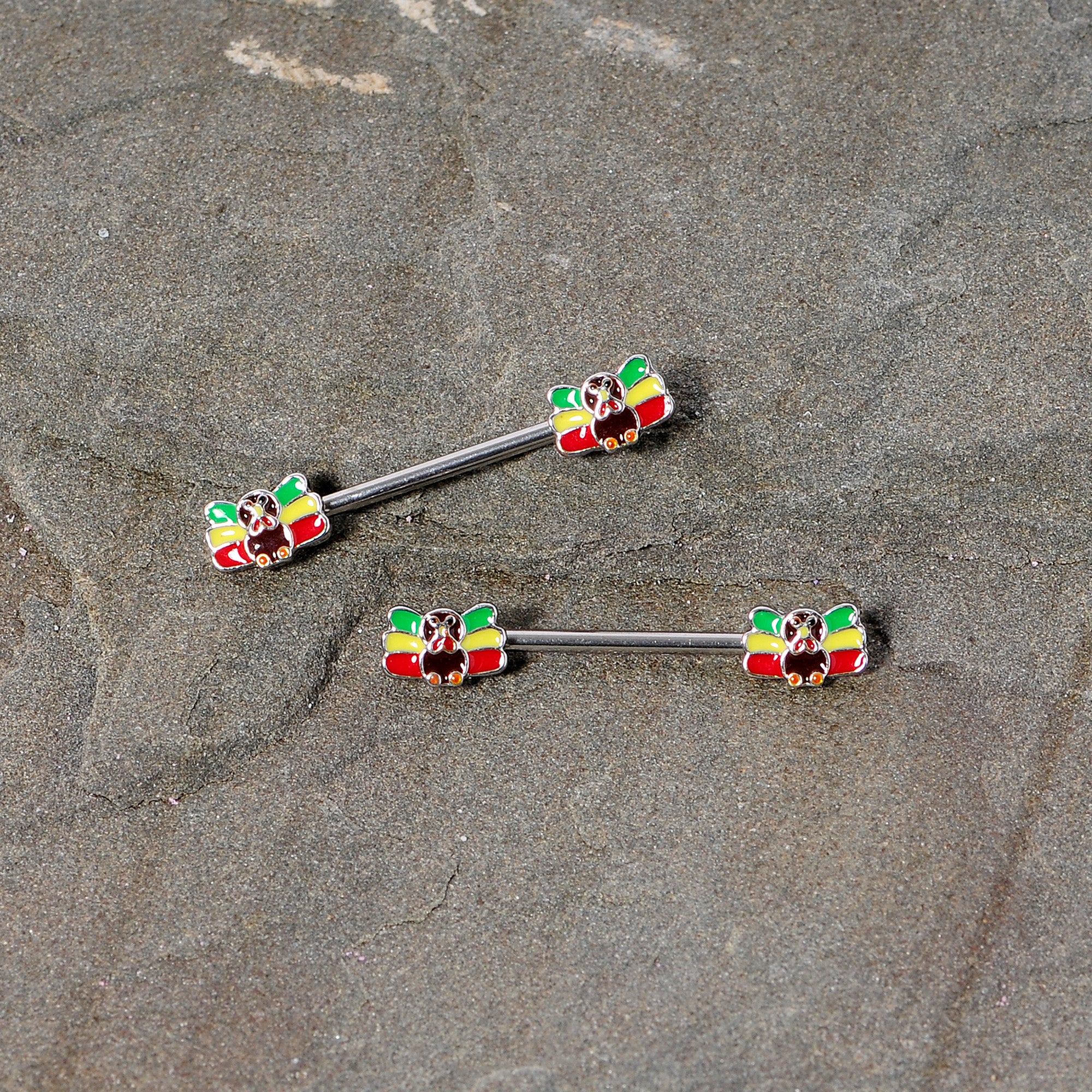 14G 5/8 Rasta Turkey Thanksgiving Barbell Nipple Ring Set - Image 3